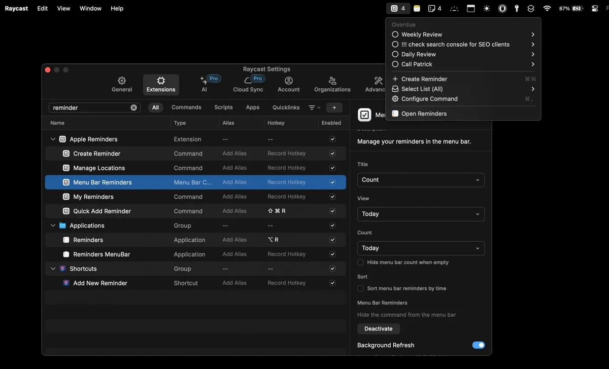 Tiện ích Reminders của Raycast hiển thị trên thanh Menu của macOS để truy cập nhanh