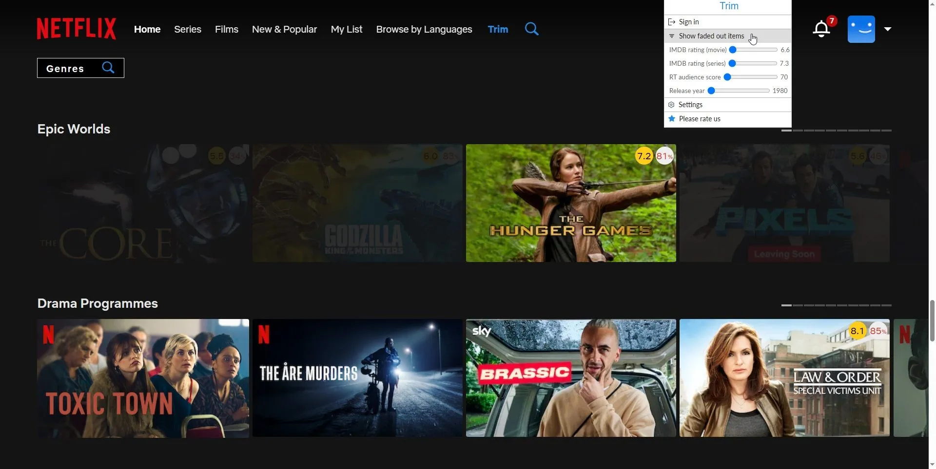 Tiện ích Trim cho Netflix hiển thị tùy chọn làm mờ phim có điểm thấp trên Chrome