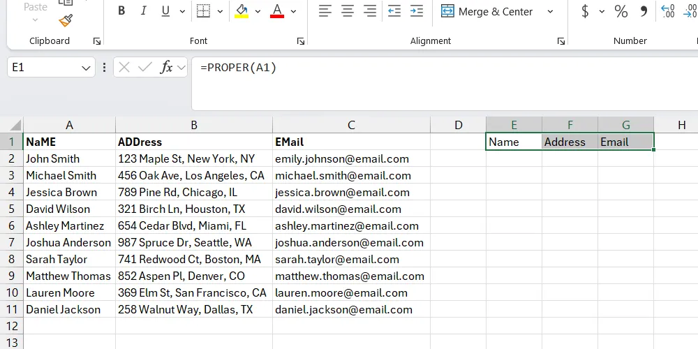 Tiêu đề trong Excel đã được định dạng chuẩn hóa bằng hàm PROPER, với chữ cái đầu của mỗi từ được viết hoa, giúp bảng tính trông chuyên nghiệp và dễ đọc hơn.