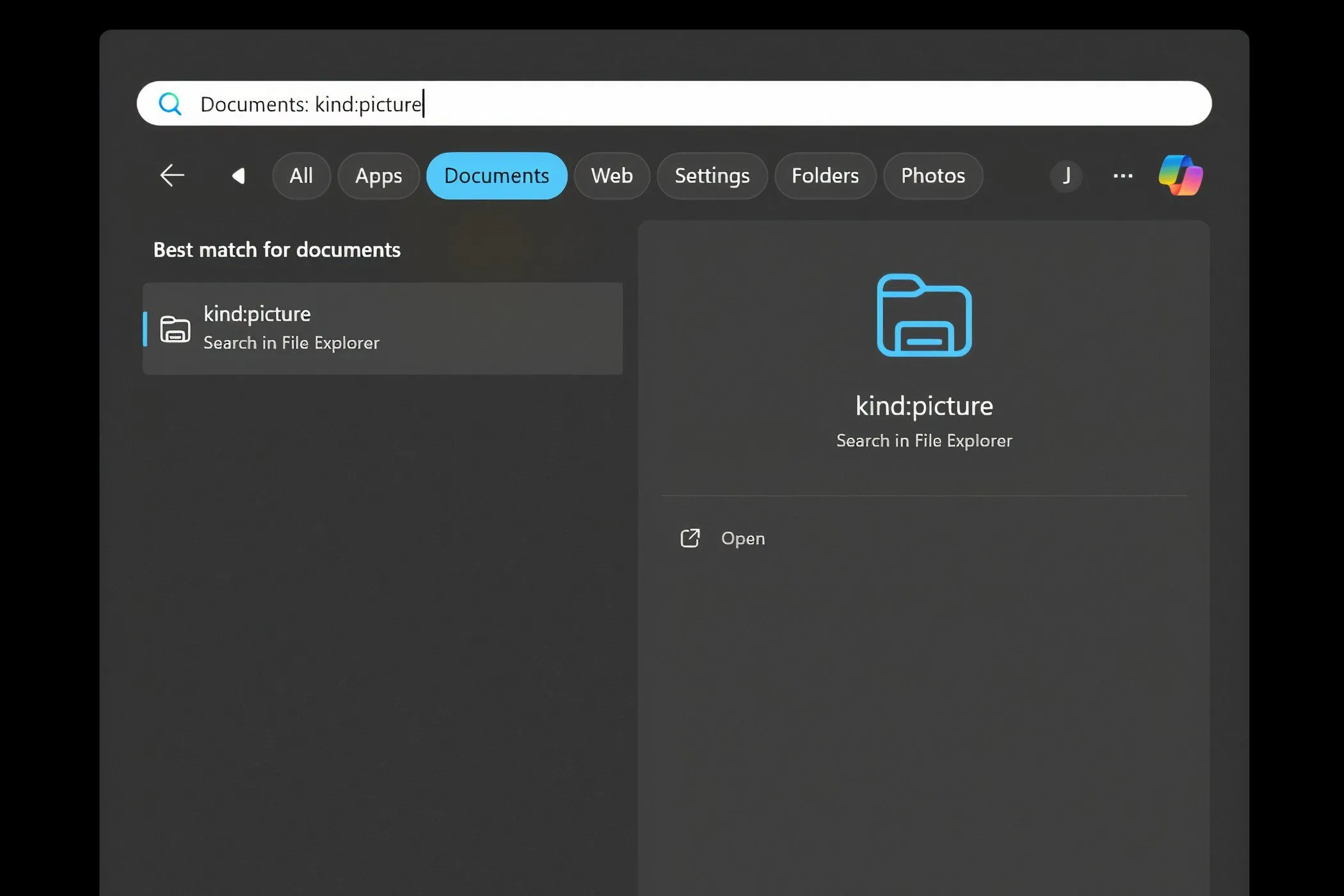 Tìm kiếm hình ảnh bằng bộ lọc Kind trong Windows Search