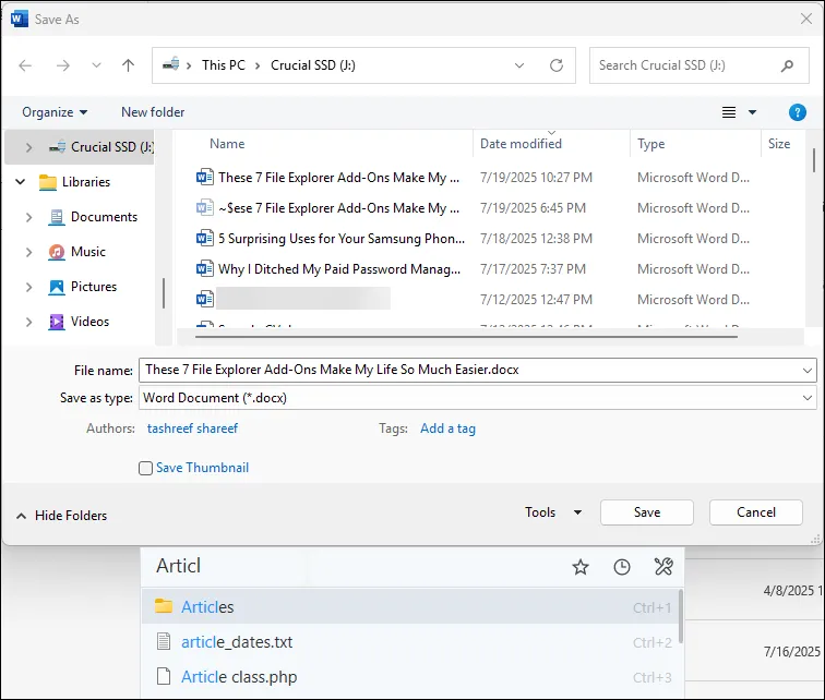 Tìm kiếm nhanh Listary xuất hiện trong hộp thoại Save As của Microsoft Word