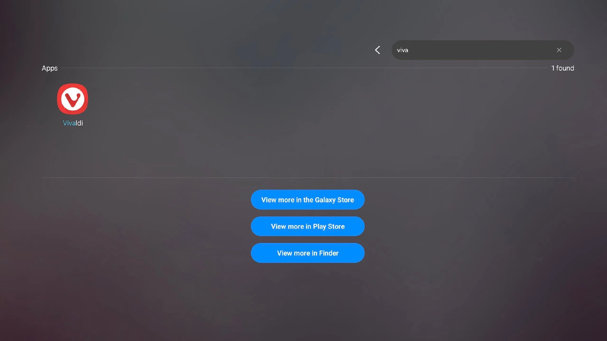 Tìm kiếm ứng dụng Vivaldi bằng phím tắt trên Samsung DeX, minh họa cách mở ứng dụng nhanh chóng và có chủ đích.