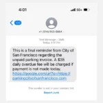 Tin nhắn SMS phishing lừa đảo phí phạt đỗ xe giả mạo từ SFMTA