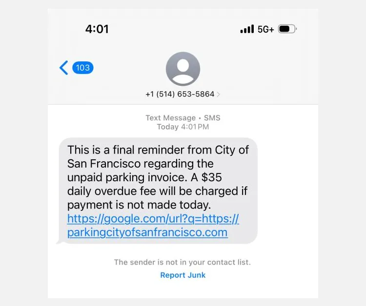 Tin nhắn SMS phishing lừa đảo phí phạt đỗ xe giả mạo từ SFMTA