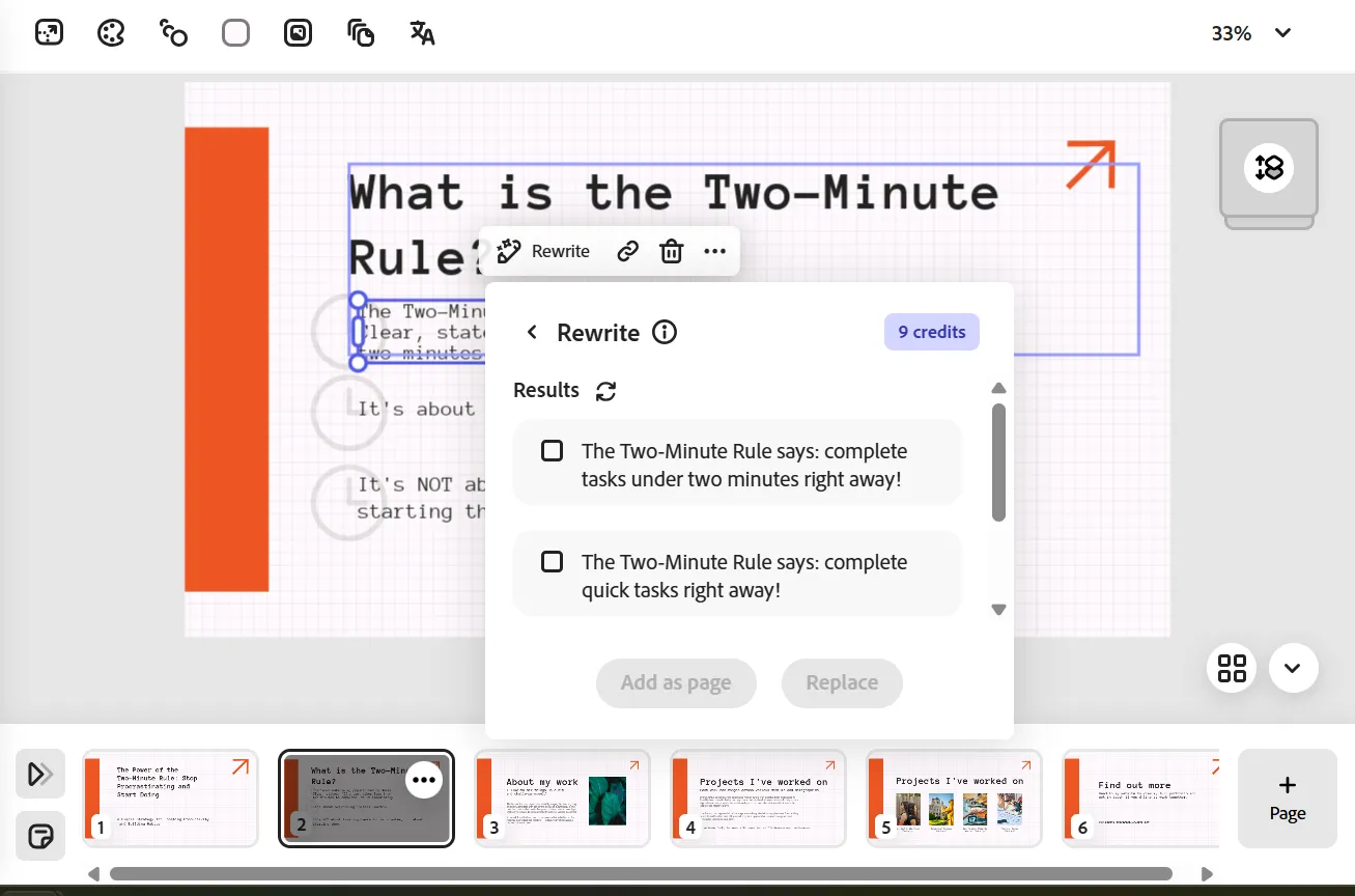 Tính năng AI viết lại văn bản trong Adobe Express tối ưu nội dung cho slide thuyết trình