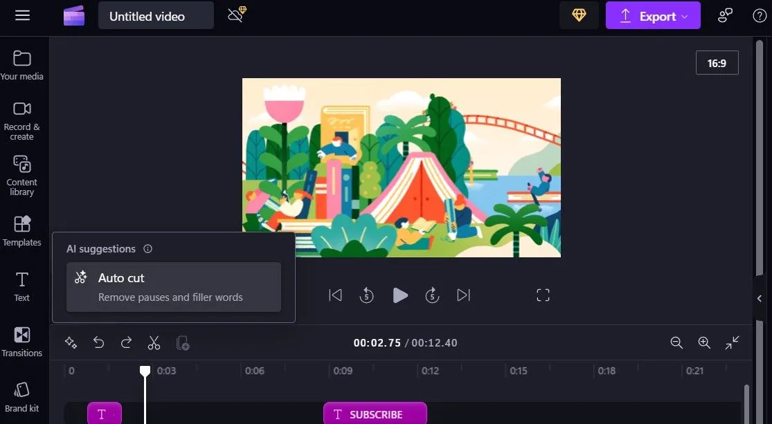 Tính năng Auto Cut tự động loại bỏ khoảng lặng và từ thừa trong Clipchamp
