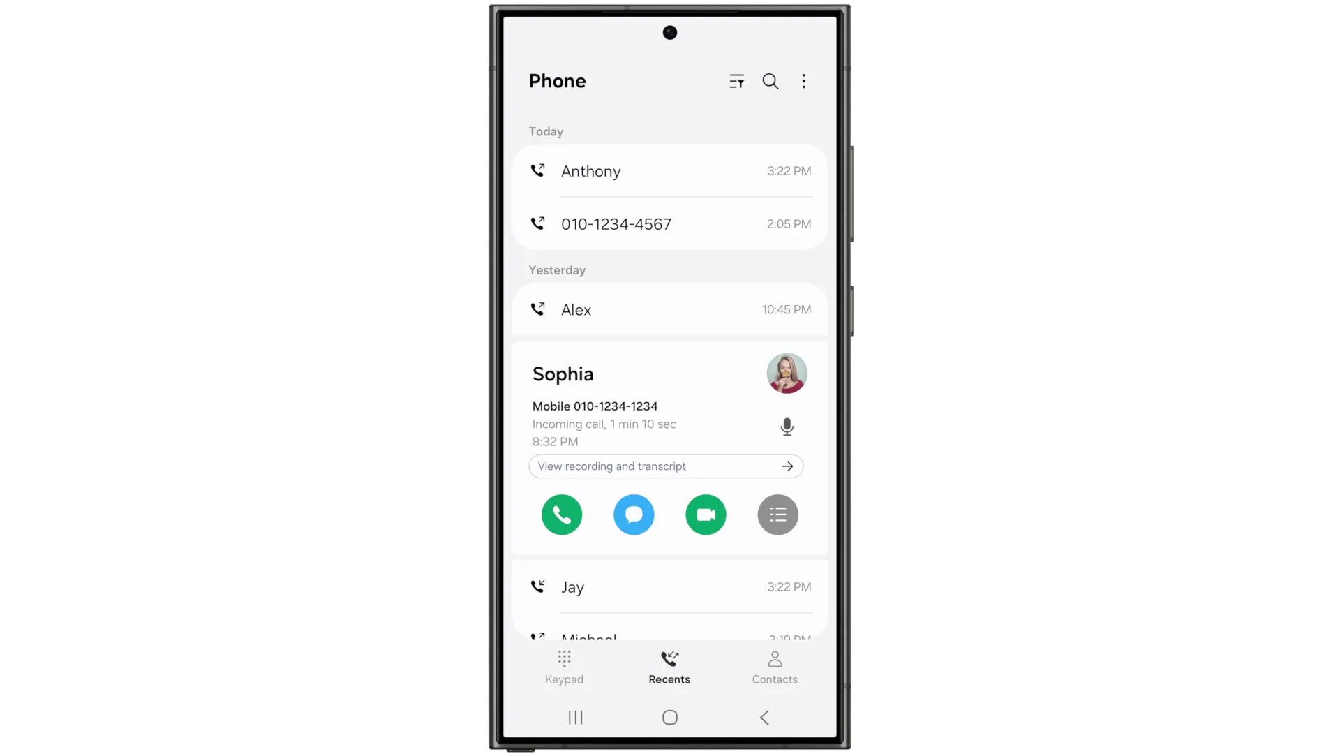 Tính năng ghi âm cuộc gọi và bản ghi chép cuộc gọi tự động trên One UI 7, minh họa khả năng của Galaxy AI.