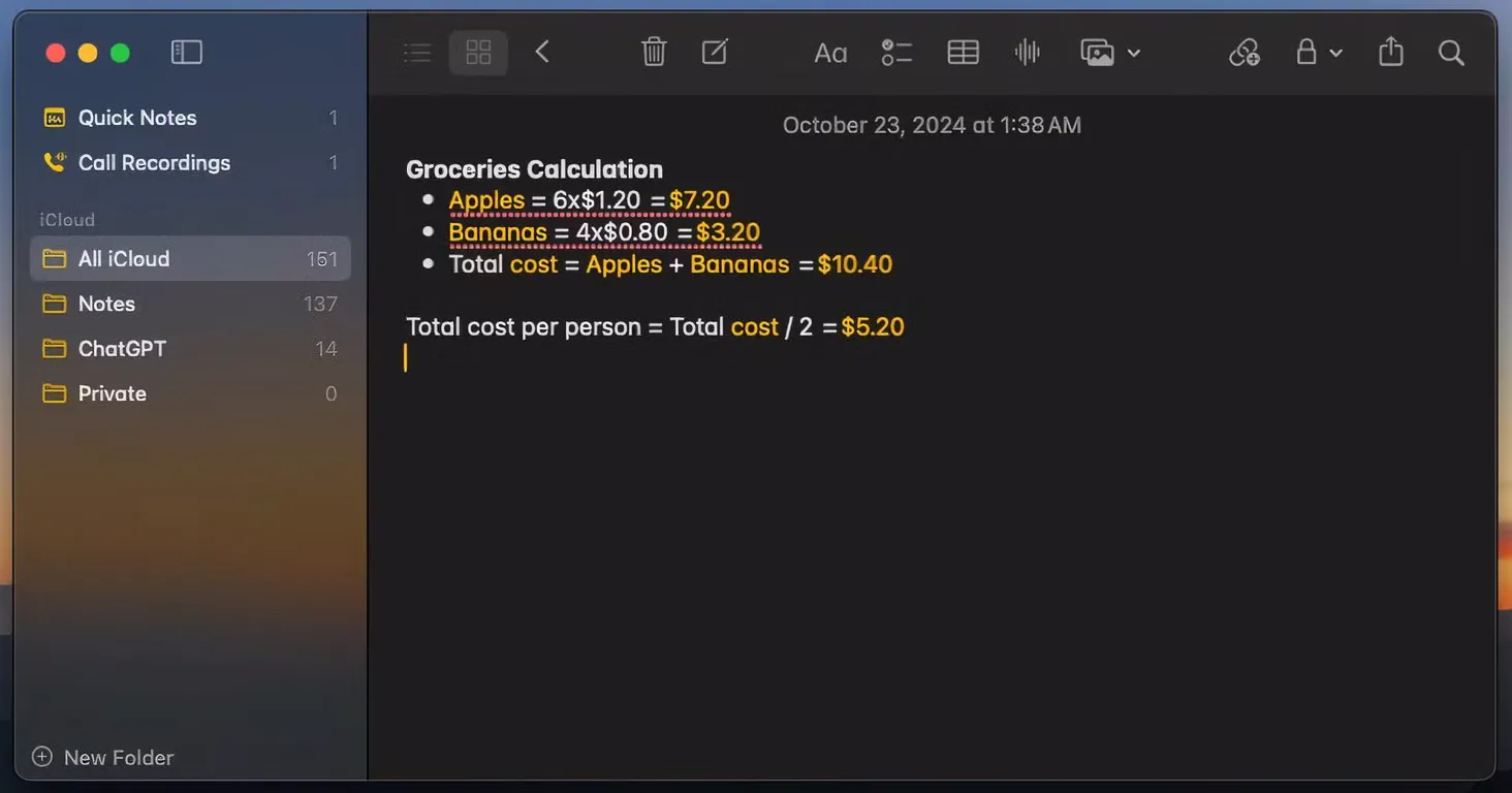 Tính năng Giải toán trong Notes của macOS Sequoia được trình diễn, cho phép người dùng nhập công thức và nhận kết quả tức thì.
