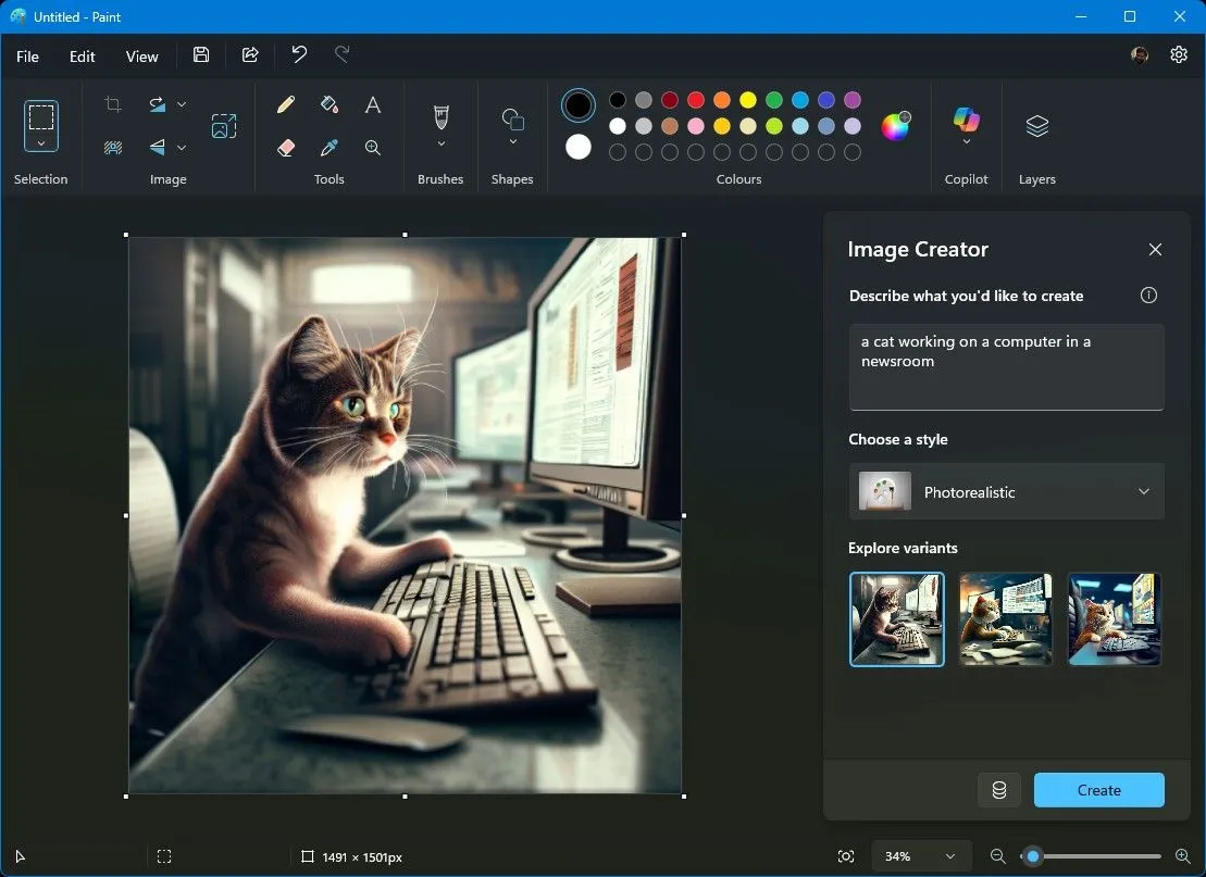 Tính năng Image Creator trong Microsoft Paint hiển thị các tùy chọn tạo ảnh AI từ mô tả văn bản