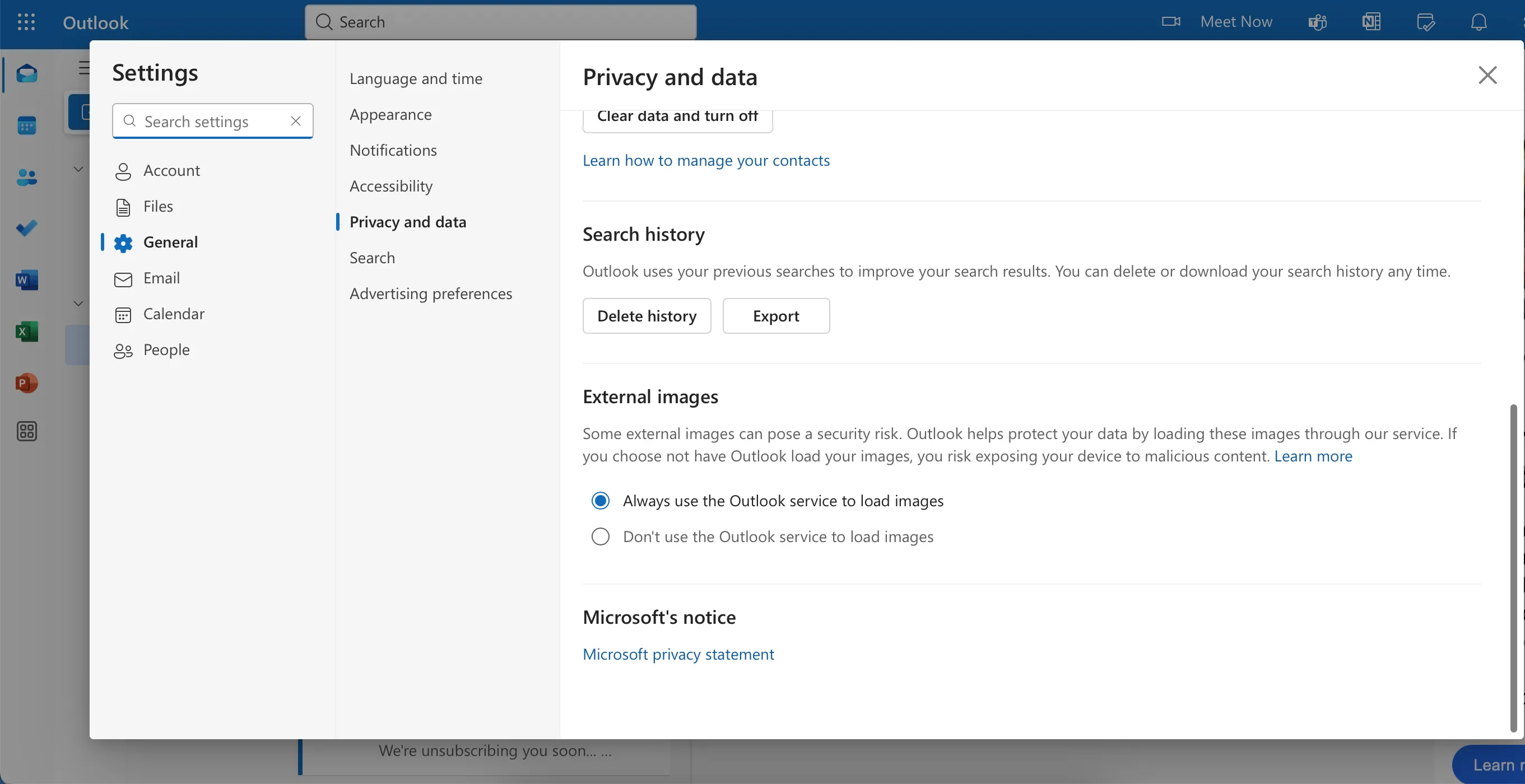 Tính năng &quot;Luôn sử dụng dịch vụ Outlook để tải ảnh&quot; trong cài đặt quyền riêng tư của Outlook