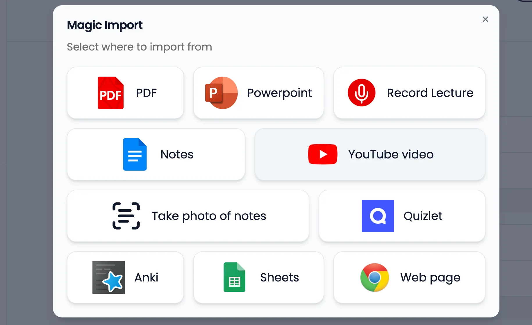 Tính năng Magic Import của Gizmo cho phép nhập liệu từ nhiều nguồn khác nhau để tạo flashcard.