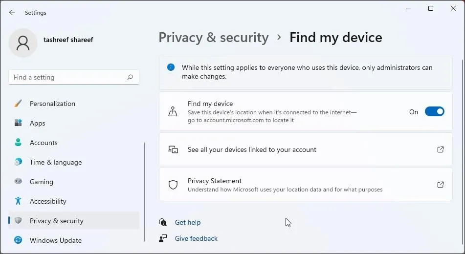 Tính năng Tìm thiết bị của tôi trên Windows 11 hiển thị vị trí thiết bị