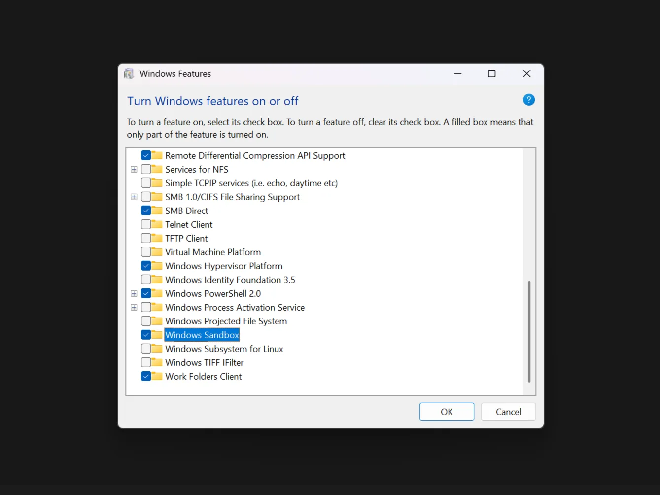 Tính năng Windows Sandbox được đánh dấu là đã kích hoạt trong cửa sổ Windows Features