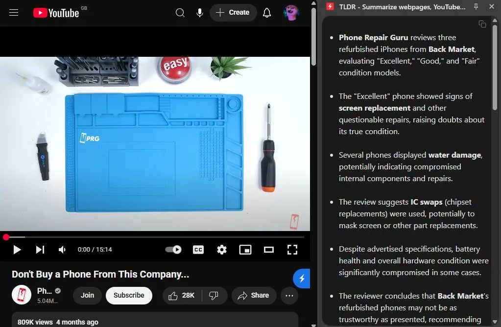 TLDR tóm tắt video YouTube về chủ đề điện thoại tân trang và Back Market