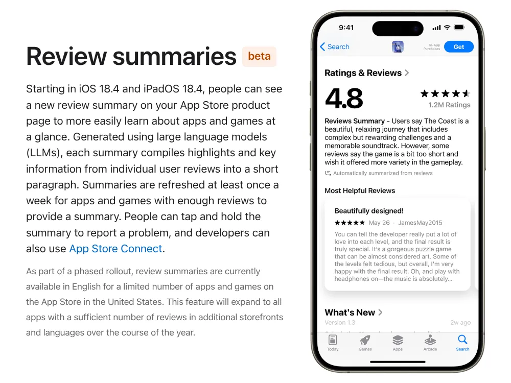 Tóm tắt đánh giá ứng dụng tạo bởi AI trên giao diện App Store của Apple, hiển thị cách người dùng sẽ xem tổng hợp các nhận xét.