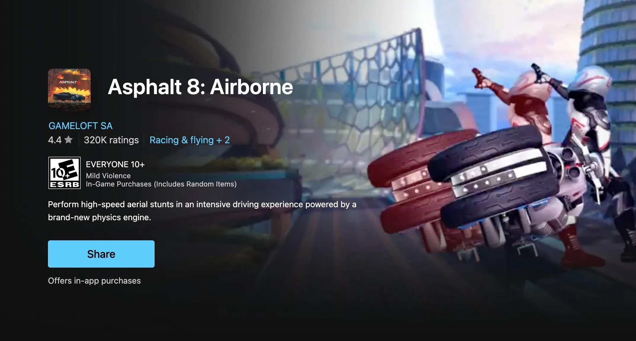 Trang Asphalt 8: Airborne trên Microsoft Store, một game đua xe đi kèm Windows