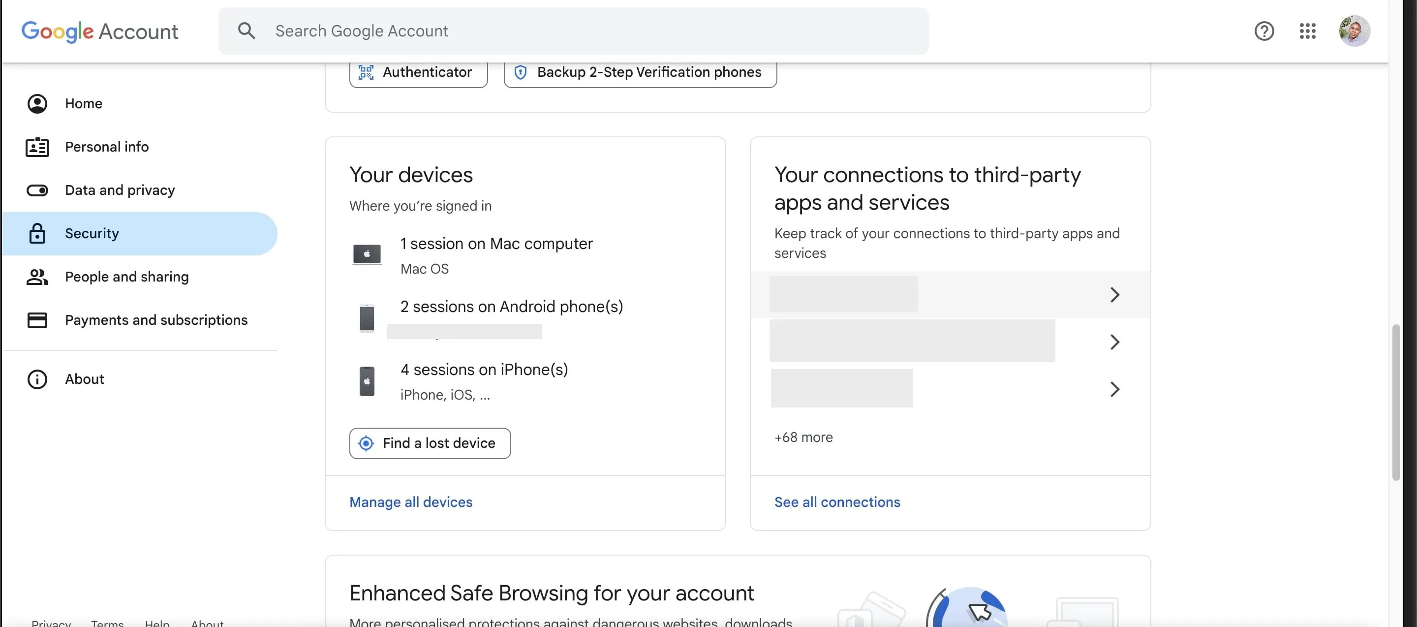 Trang bảo mật tài khoản Google hiển thị các thiết bị đã đăng nhập