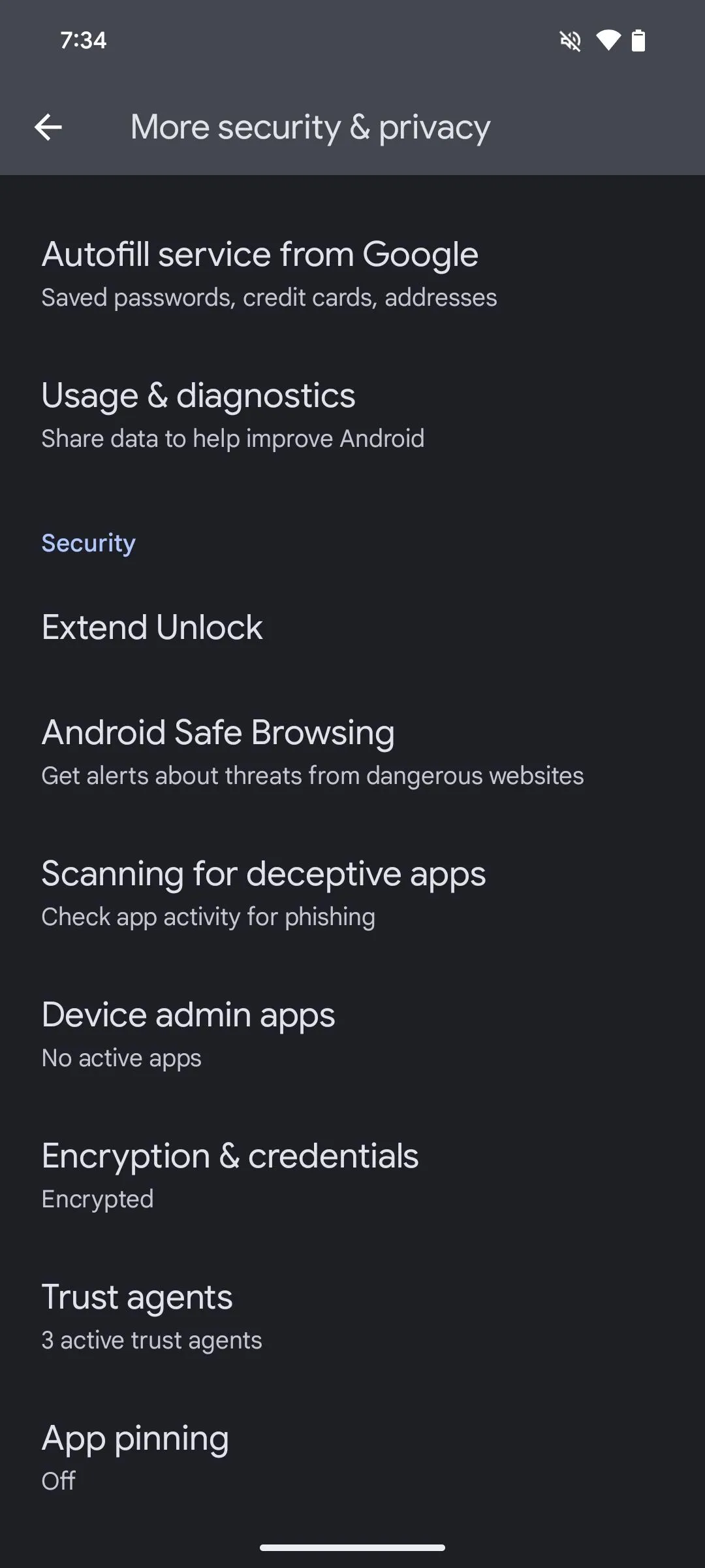 Trang cài đặt bảo mật và quyền riêng tư trên điện thoại Pixel với tùy chọn Extend Unlock được làm nổi bật.