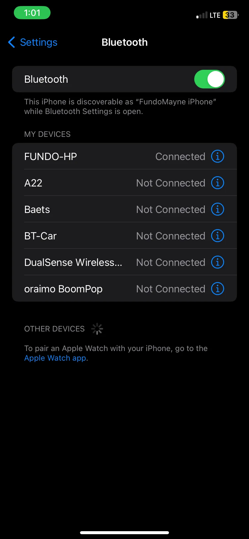 Trang cài đặt Bluetooth trên iPhone hiển thị trạng thái kết nối