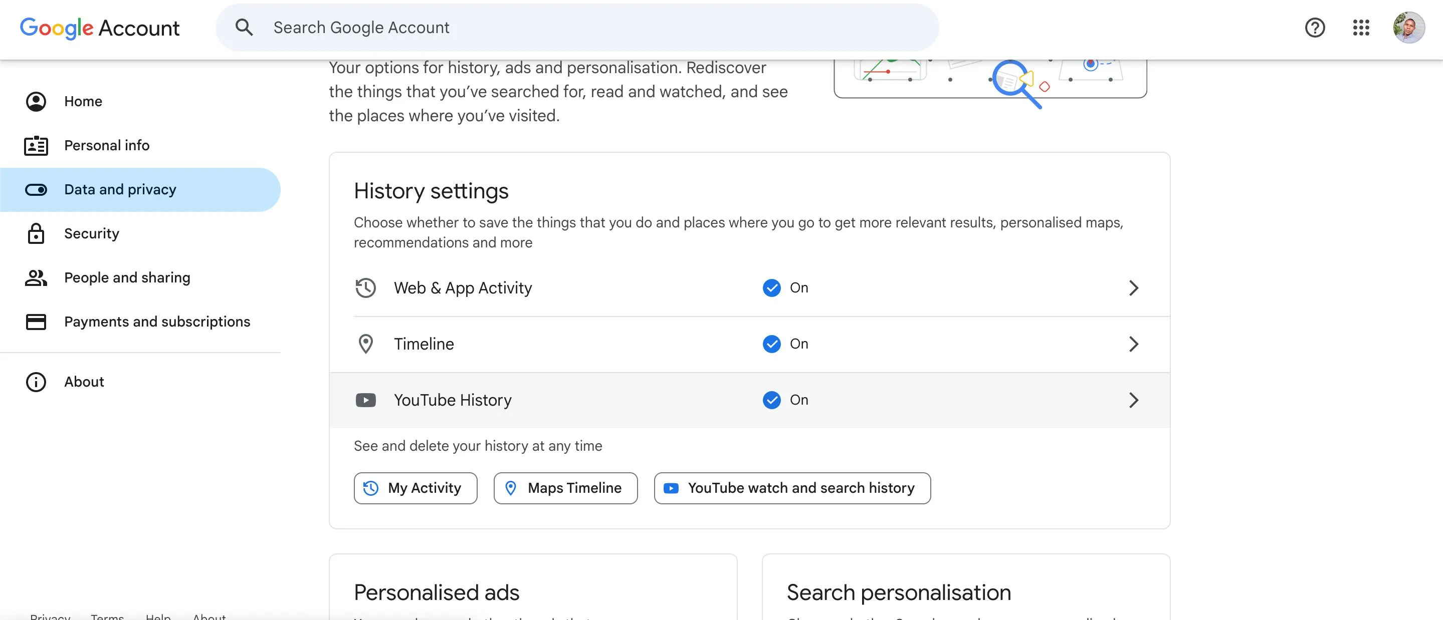 Trang cài đặt Dữ liệu &amp; Quyền riêng tư trong tài khoản Google để quản lý lịch sử hoạt động