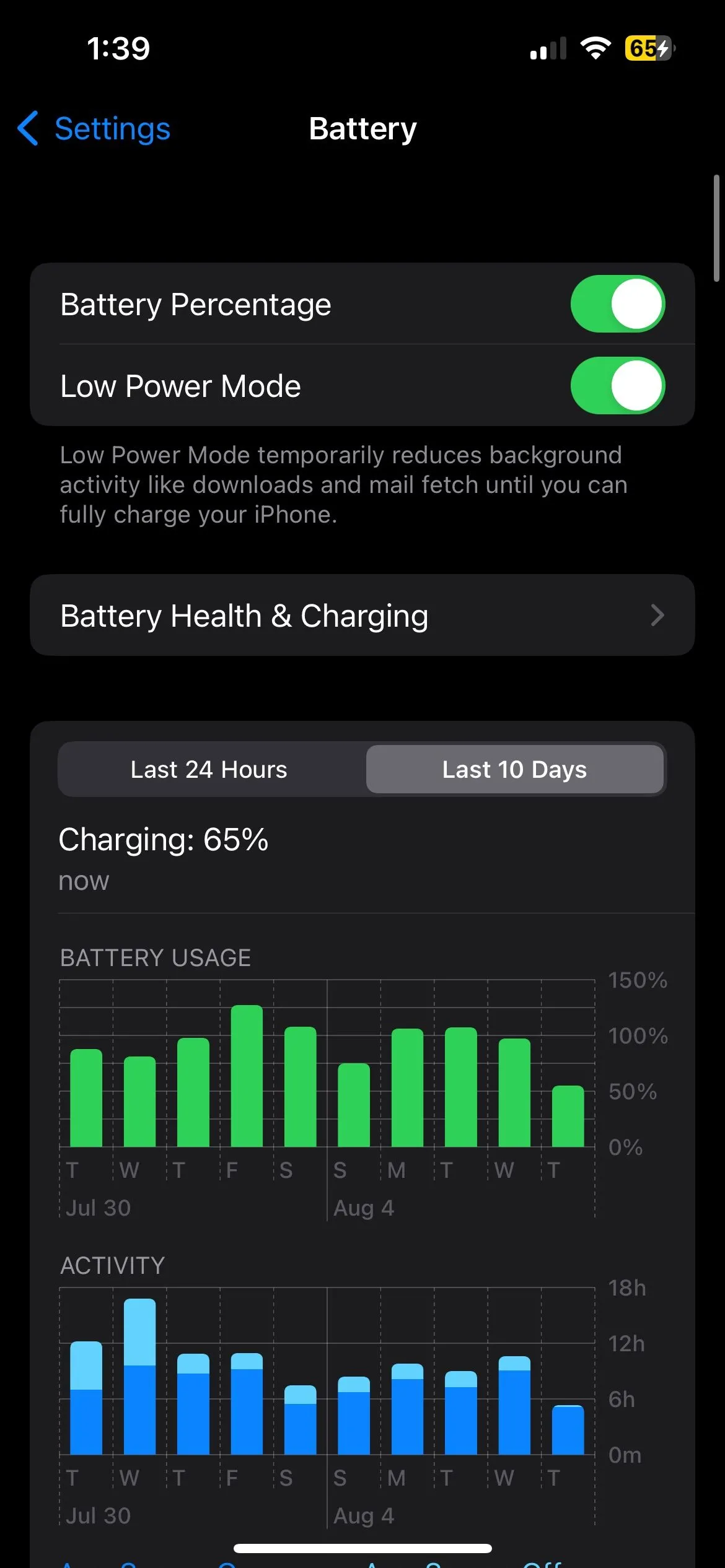 Trang cài đặt Pin iPhone với Chế độ Nguồn điện thấp được bật