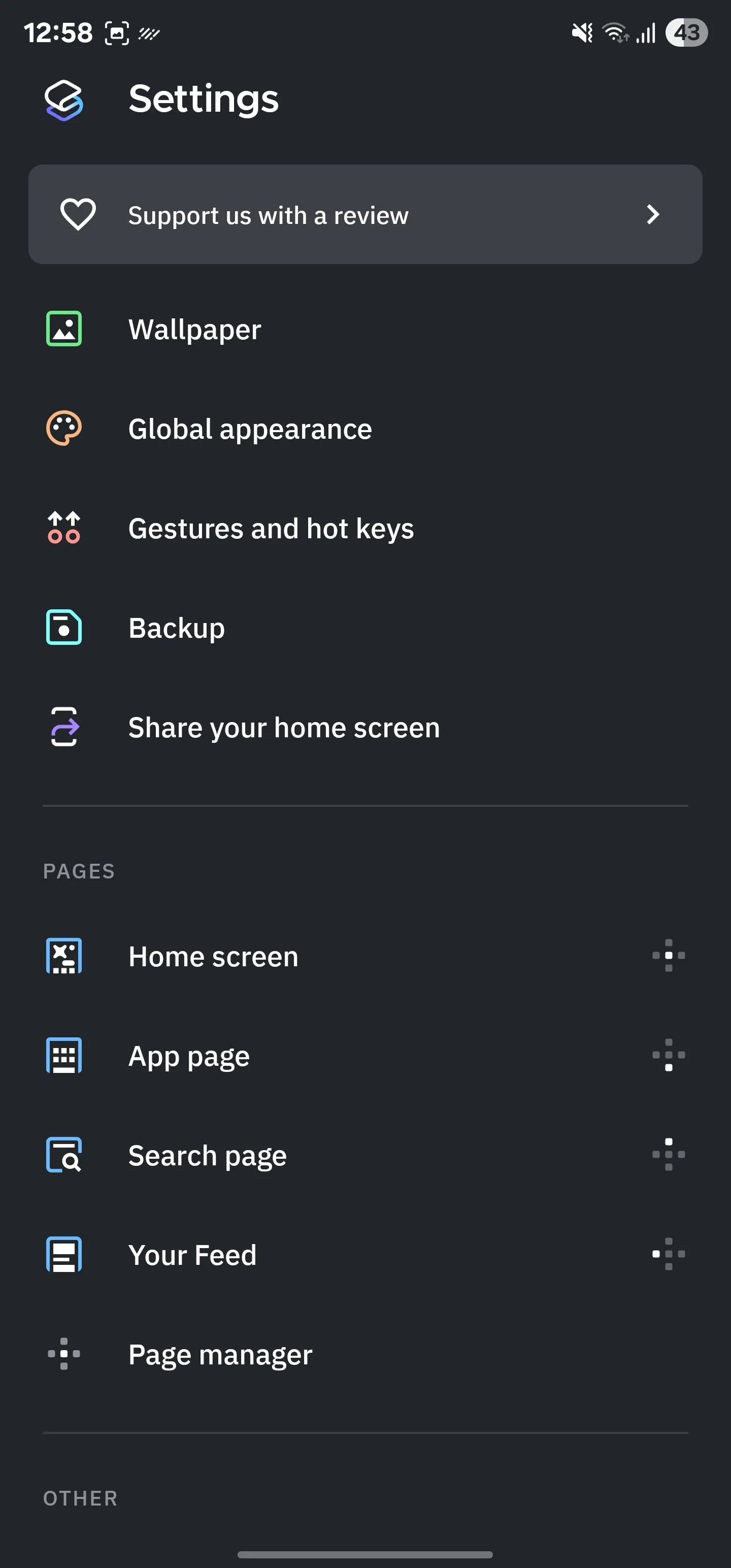 Trang cài đặt tổng quan của Smart Launcher hiển thị các tùy chọn cấu hình cử chỉ