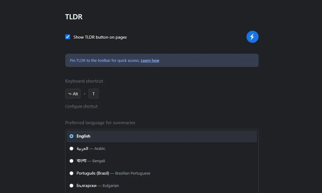 Trang cài đặt và thông tin của tiện ích mở rộng TLDR trên Chrome Web Store