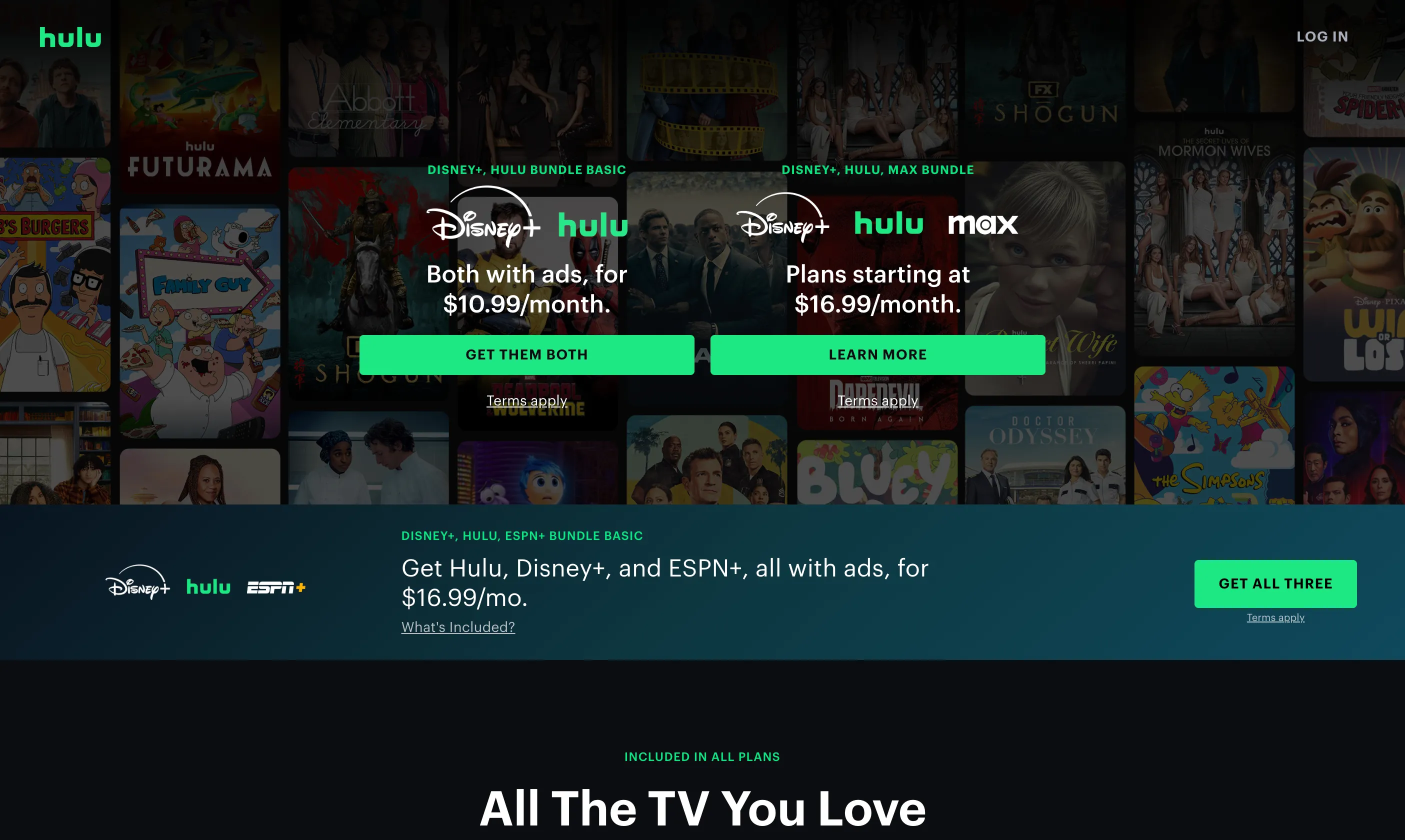 Trang chào mừng của dịch vụ streaming Hulu với các chương trình TV và phim nổi bật