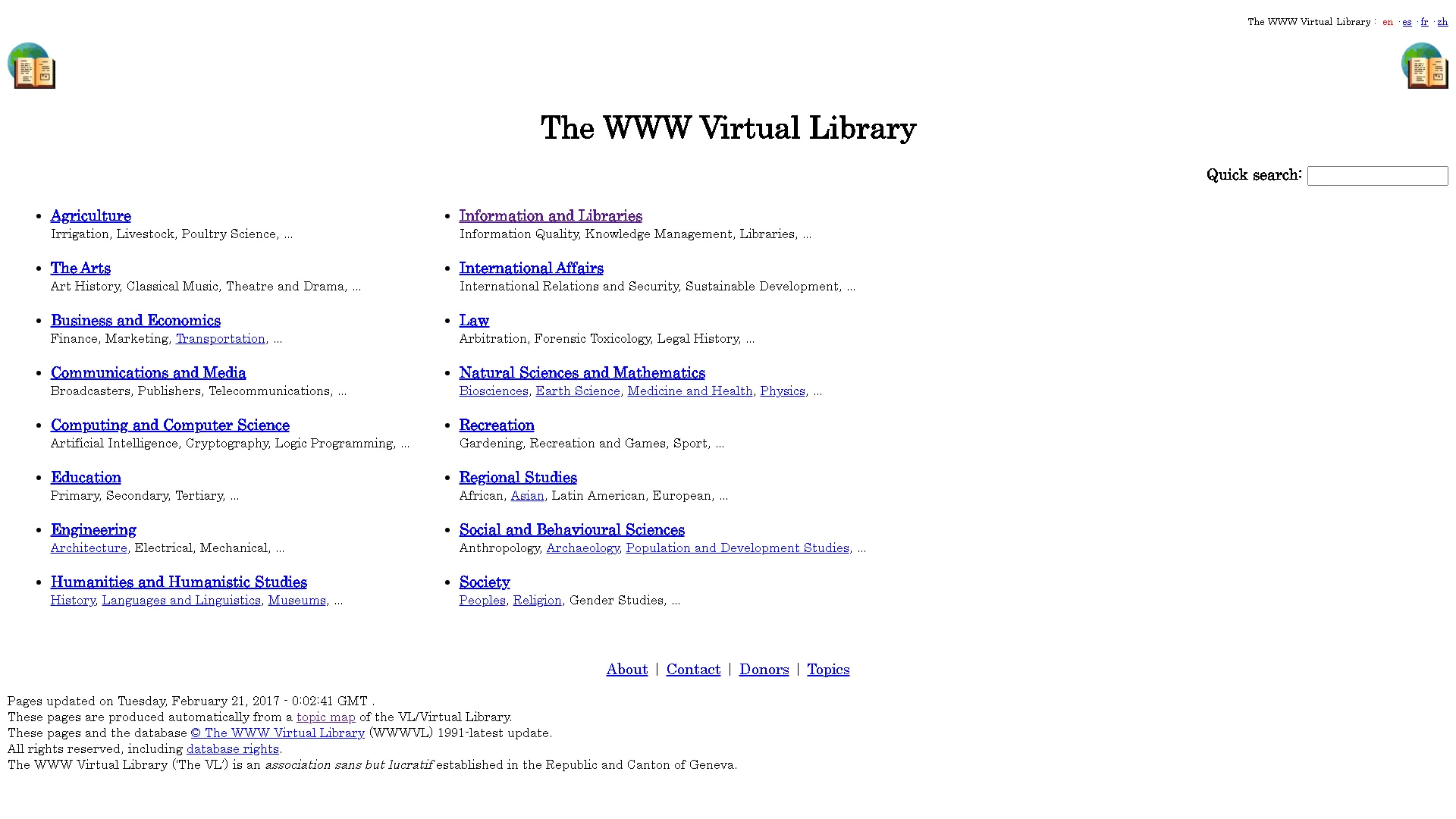 Trang chính Thư viện ảo World Wide Web, chỉ mục đầu tiên của Internet