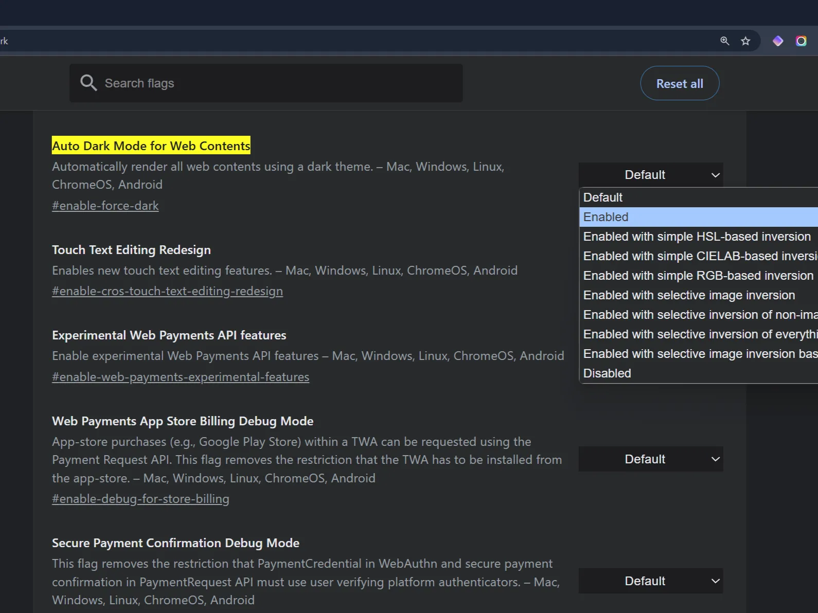 Trang chrome://flags với tùy chọn &quot;Auto Dark Mode for Web Contents&quot; đã được bật