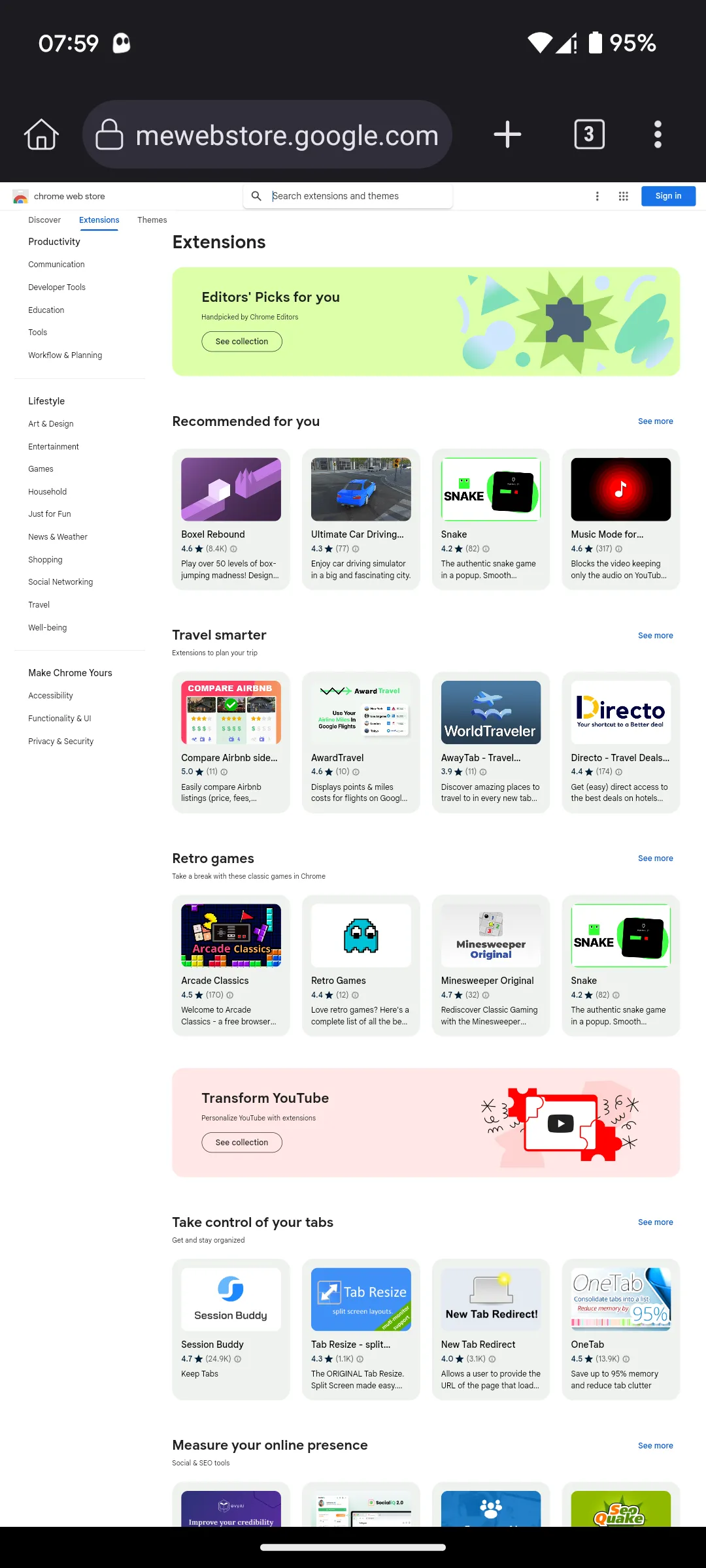 Trang chủ Chrome Web Store hiển thị trên Kiwi Browser