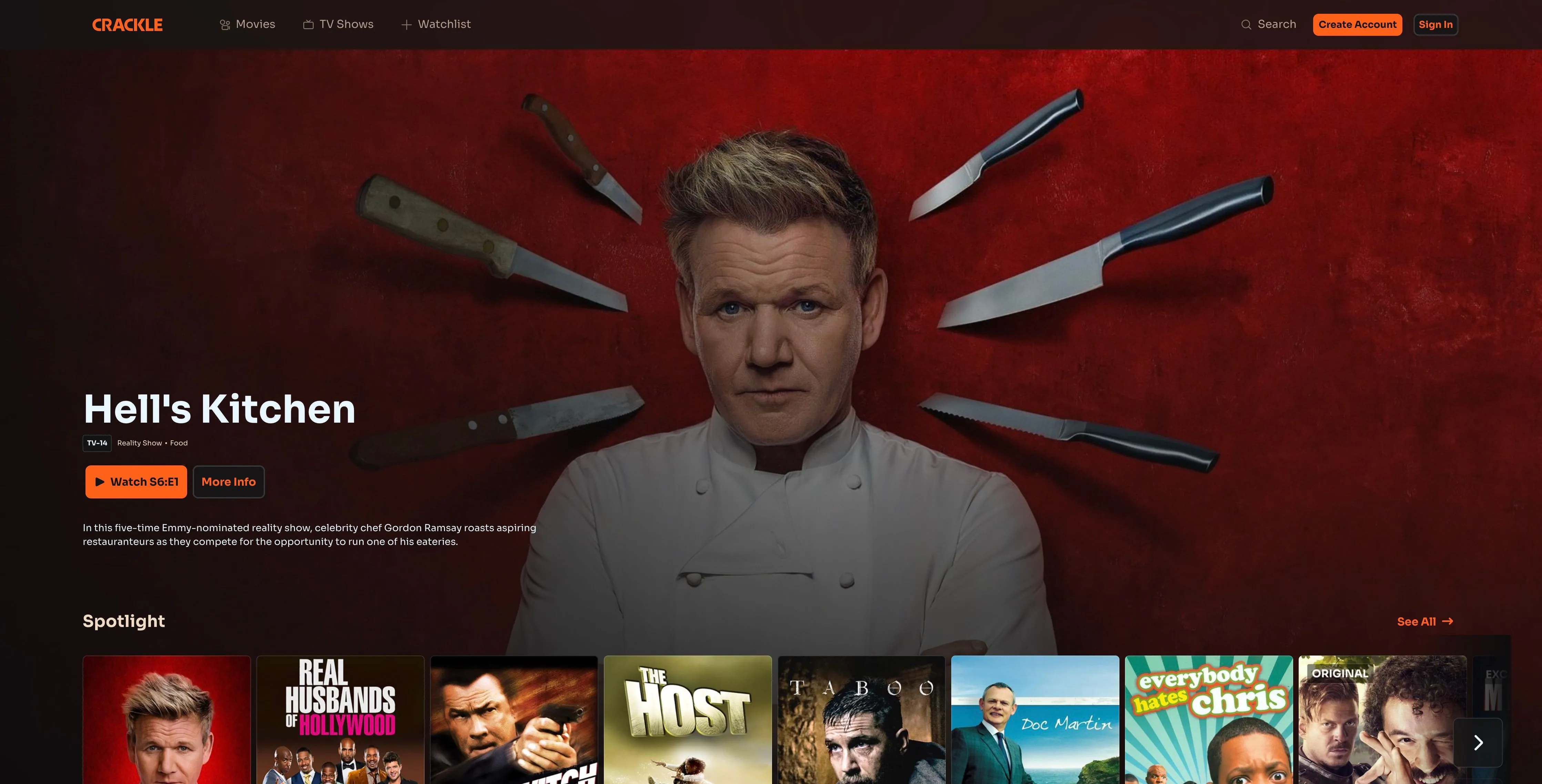 Trang chủ Crackle với quảng cáo chương trình Hell's Kitchen, biểu tượng cho dịch vụ xem phim miễn phí