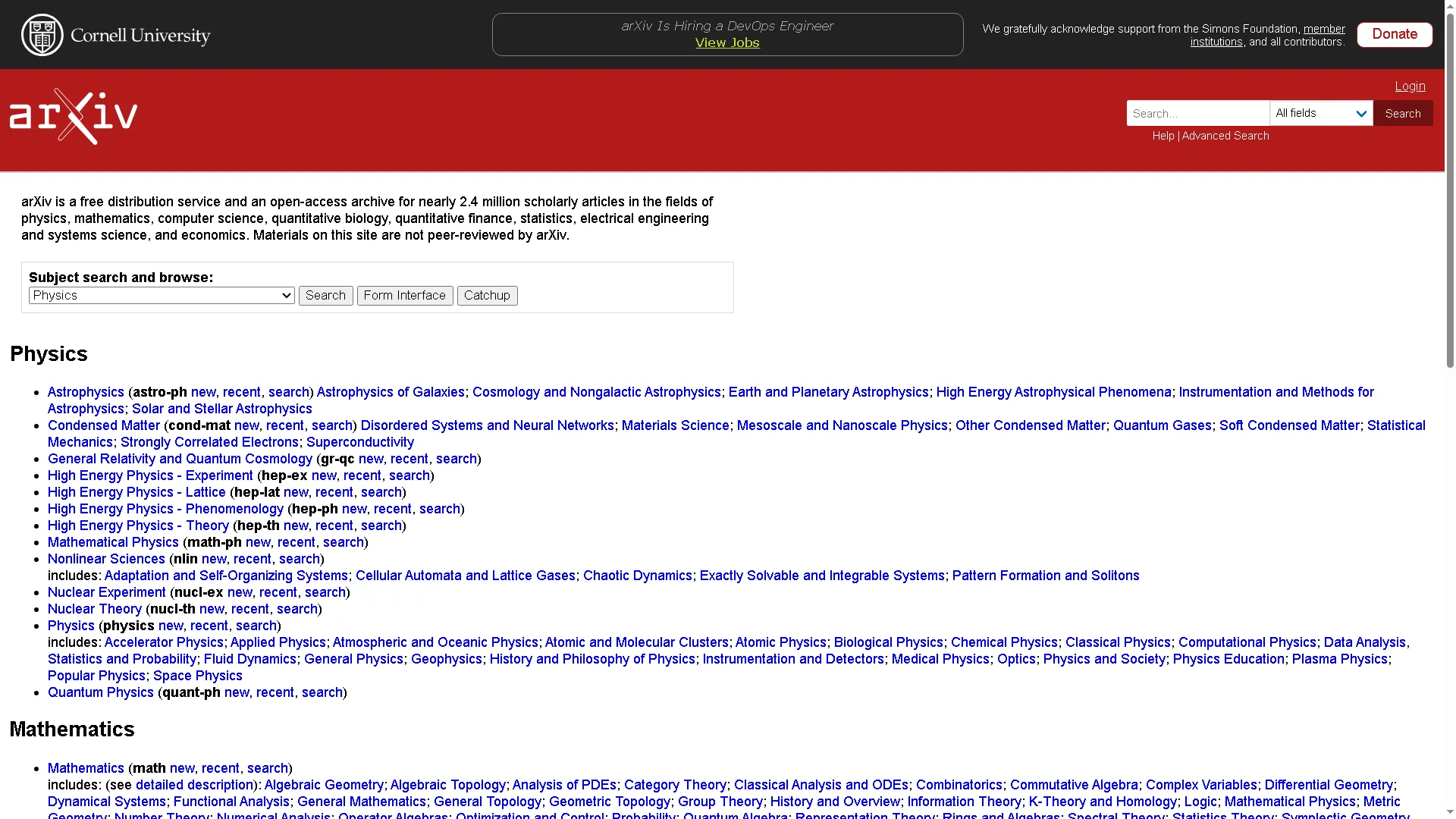 Trang chủ của arXiv, dịch vụ phân phối bài báo khoa học trực tuyến