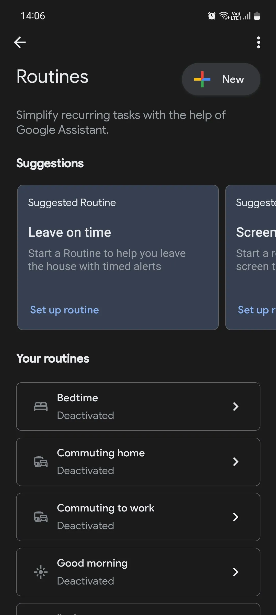 Trang chủ của Google Assistant Routines, hiển thị danh sách các quy trình tự động hóa có thể thiết lập thông qua Trợ lý Google.