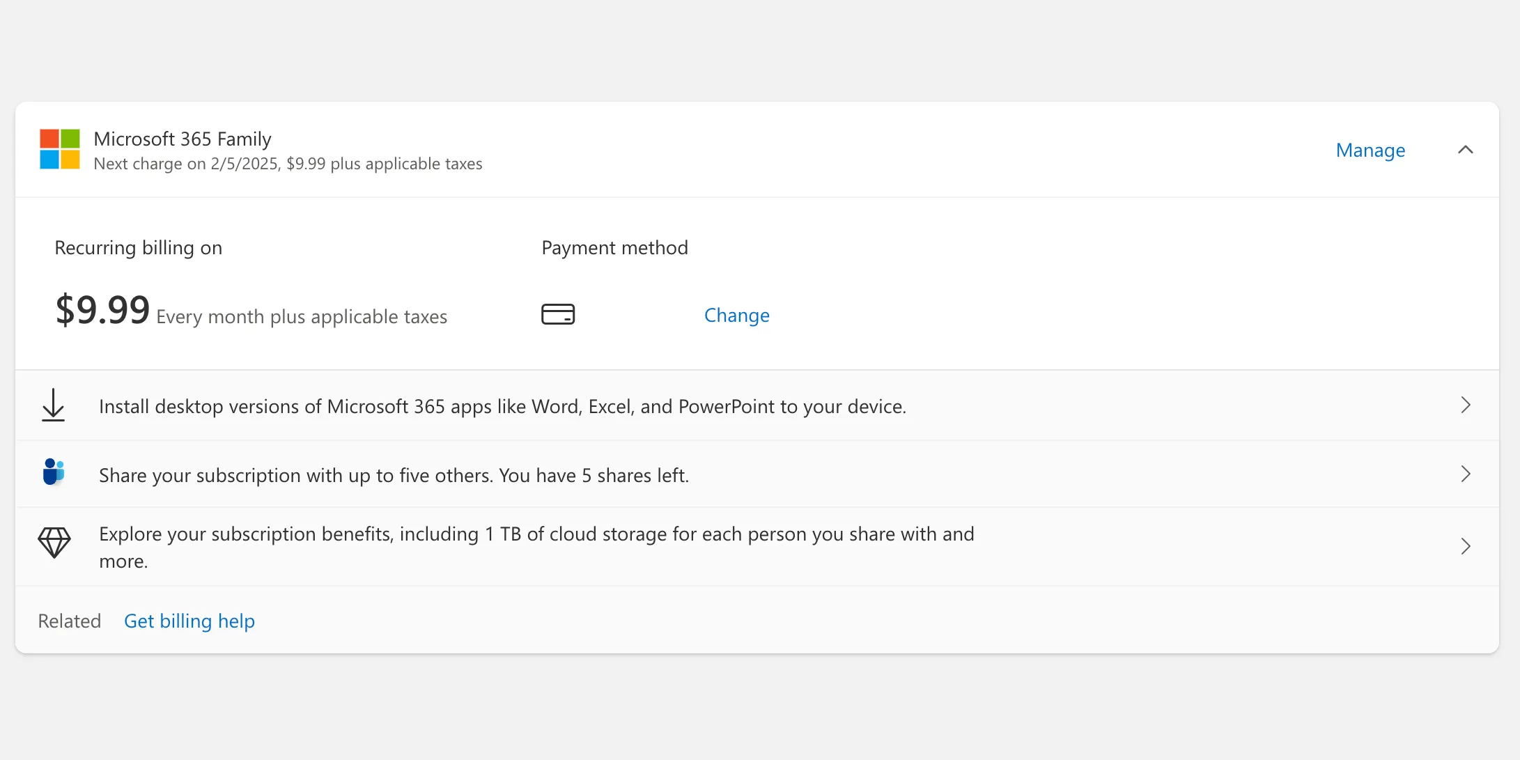Trang chủ Đăng ký Microsoft 365 hiển thị các gói dịch vụ và thông tin thuê bao.