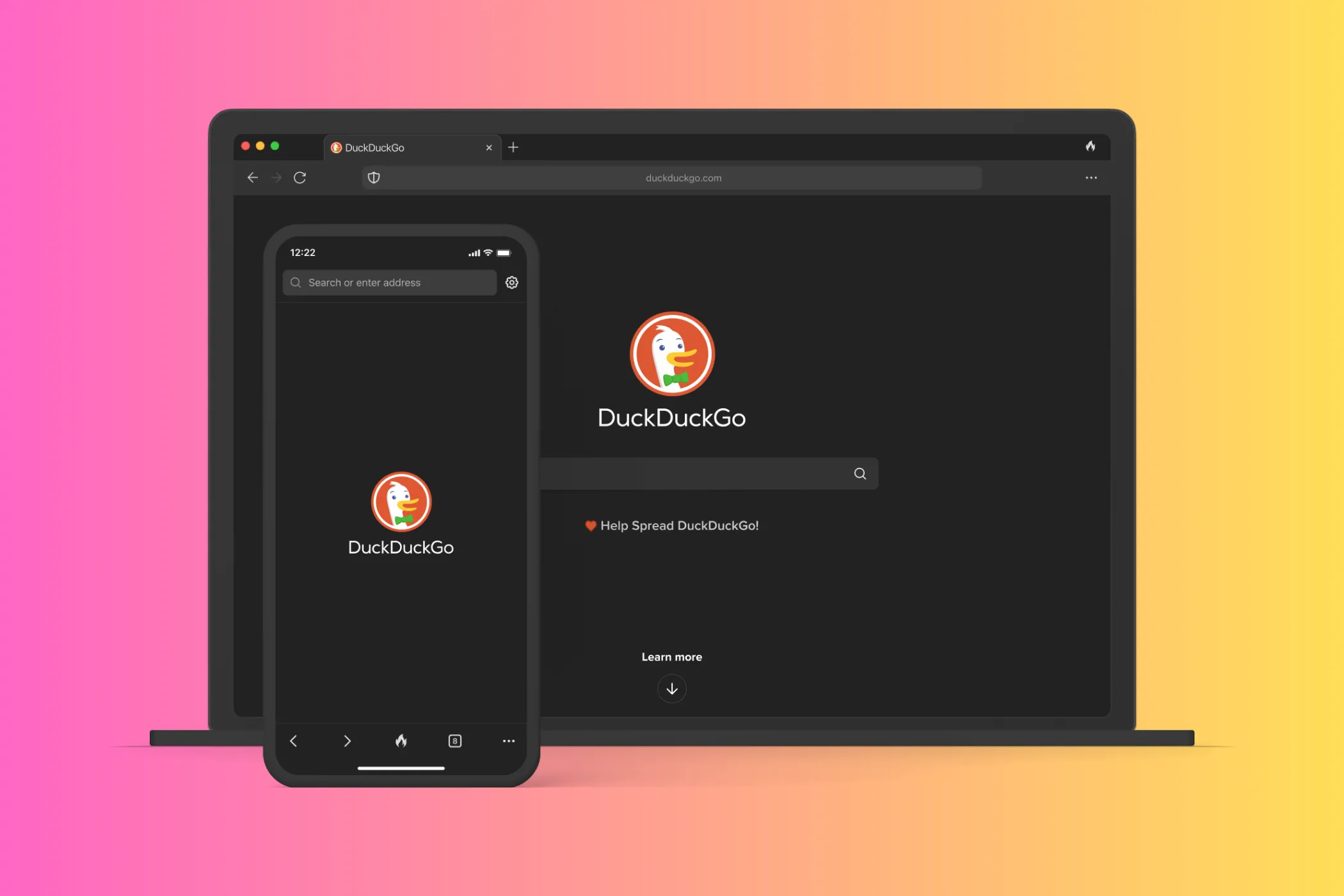 Trang chủ DuckDuckGo trên mockup laptop và thiết bị di động