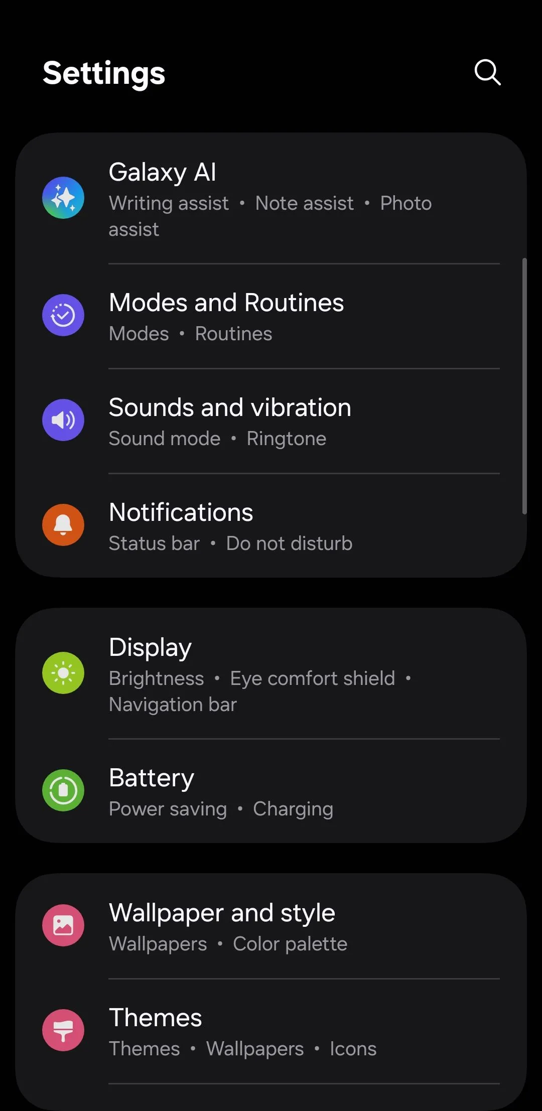 Trang chủ menu Cài đặt trên điện thoại Android