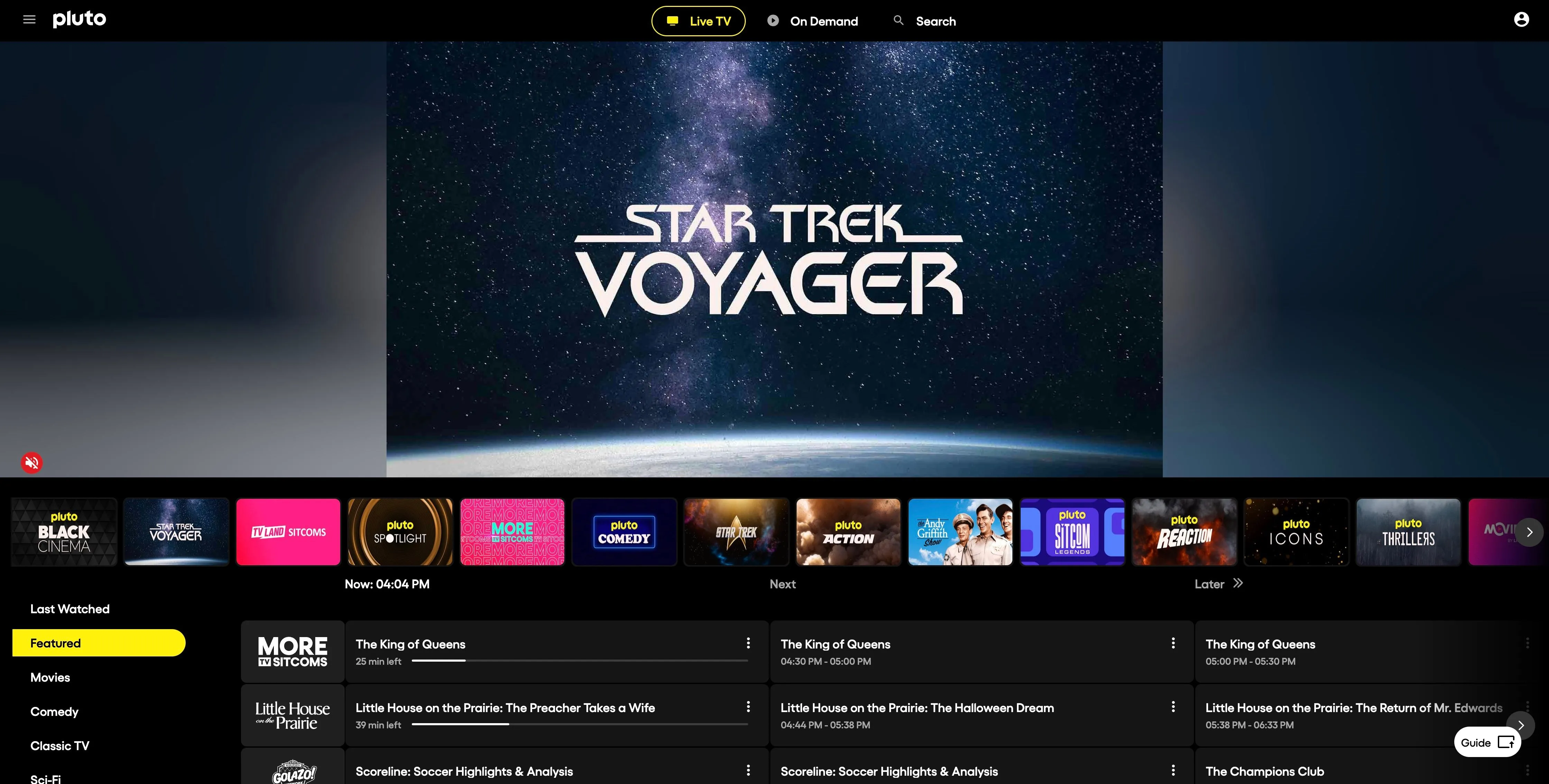 Trang chủ Pluto TV hiển thị quảng cáo Star Trek, cung cấp nhiều kênh truyền hình trực tiếp và phim miễn phí