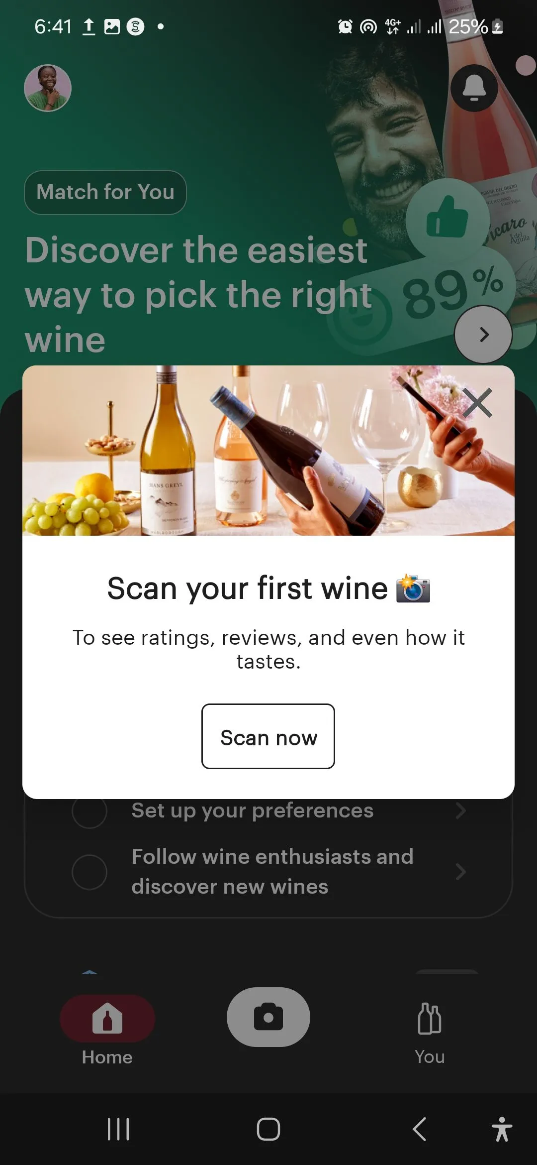 Trang chủ ứng dụng Vivino trên màn hình điện thoại di động
