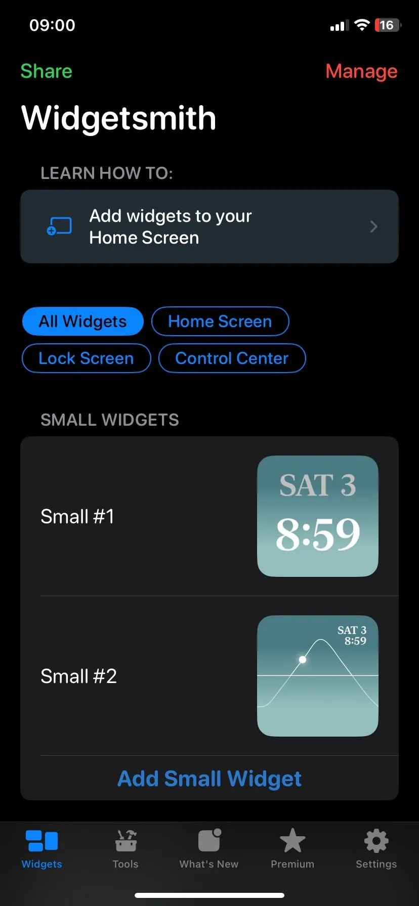 Trang chủ ứng dụng Widgetsmith, nơi người dùng có thể tạo và quản lý các widget tùy chỉnh