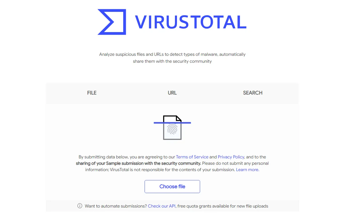 Trang chủ VirusTotal để kiểm tra độ an toàn của một liên kết hoặc tệp