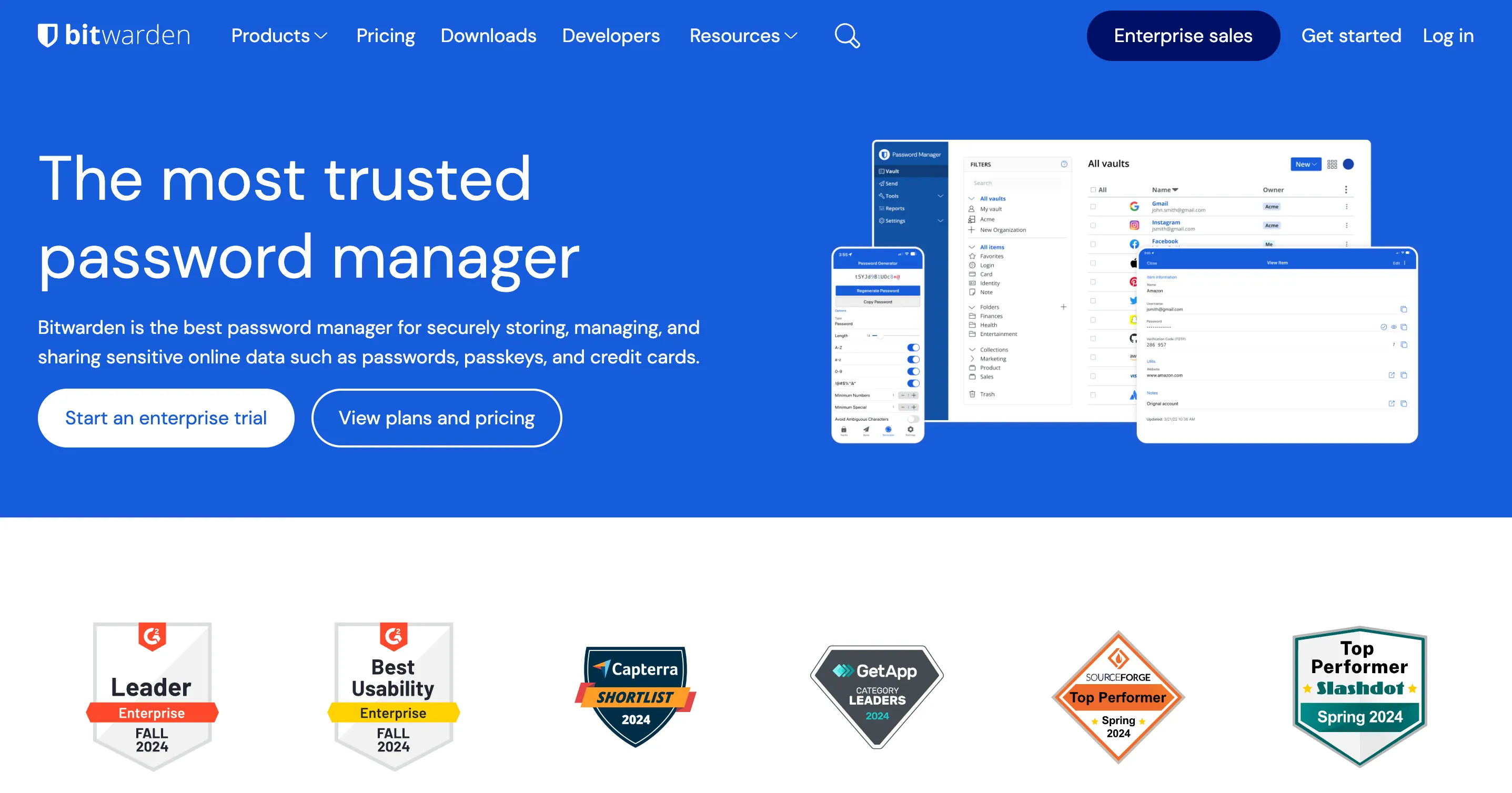Trang chủ website chính thức của Bitwarden hiển thị giao diện thân thiện và các tính năng bảo mật mật khẩu