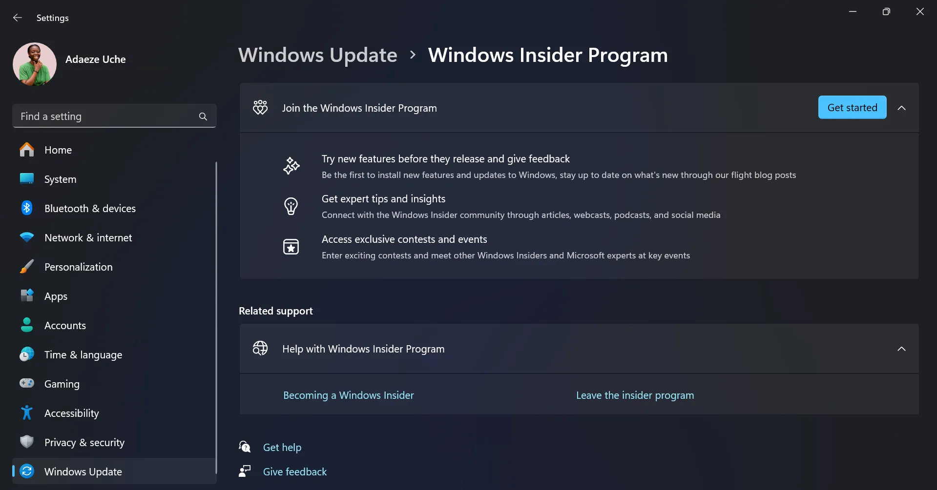 Trang Chương trình Windows Insider trong cài đặt Windows 11, nơi người dùng có thể tham gia nhận bản thử nghiệm.