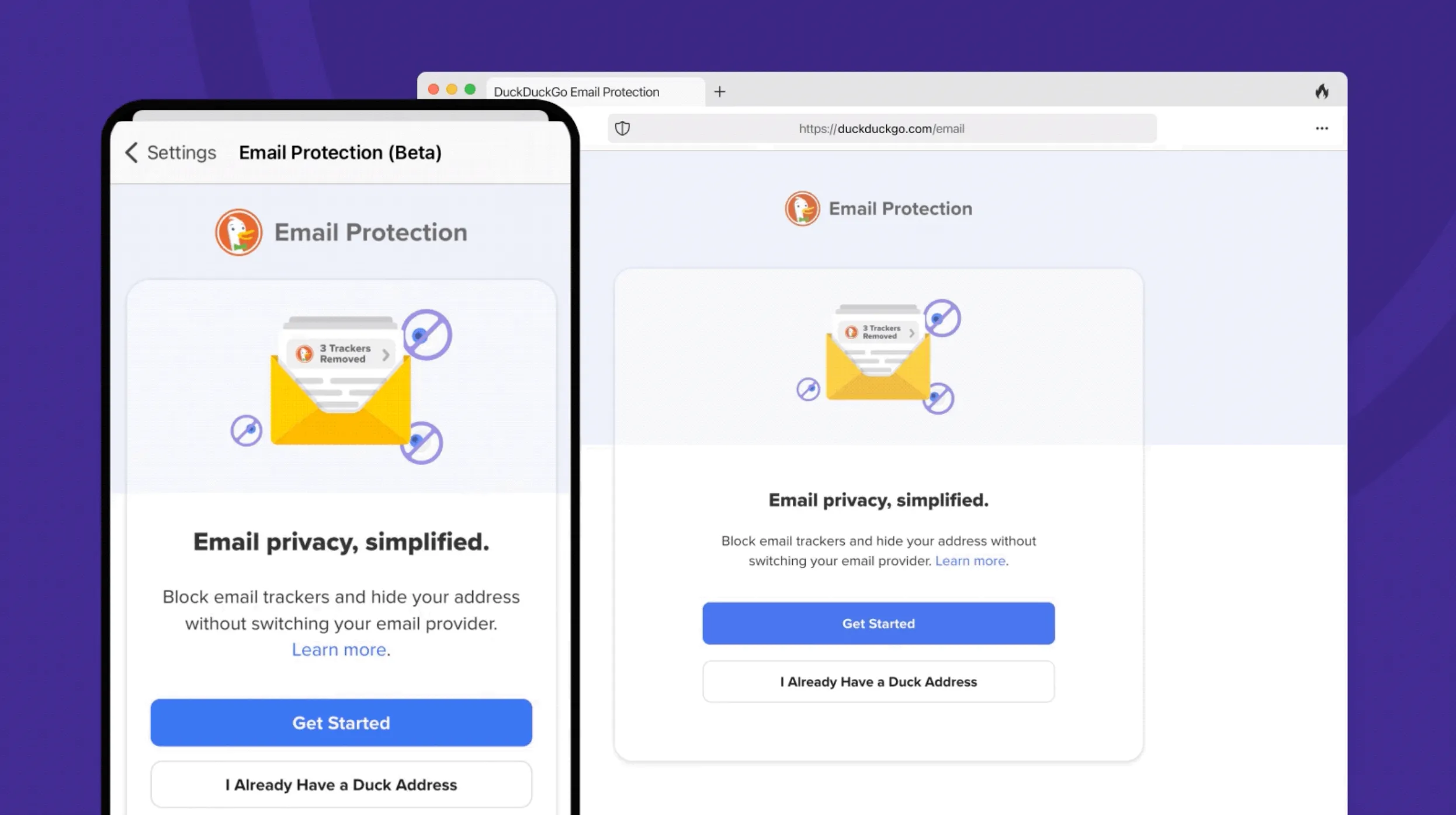 Trang đăng ký tính năng bảo vệ email của DuckDuckGo trên cả thiết bị di động và máy tính