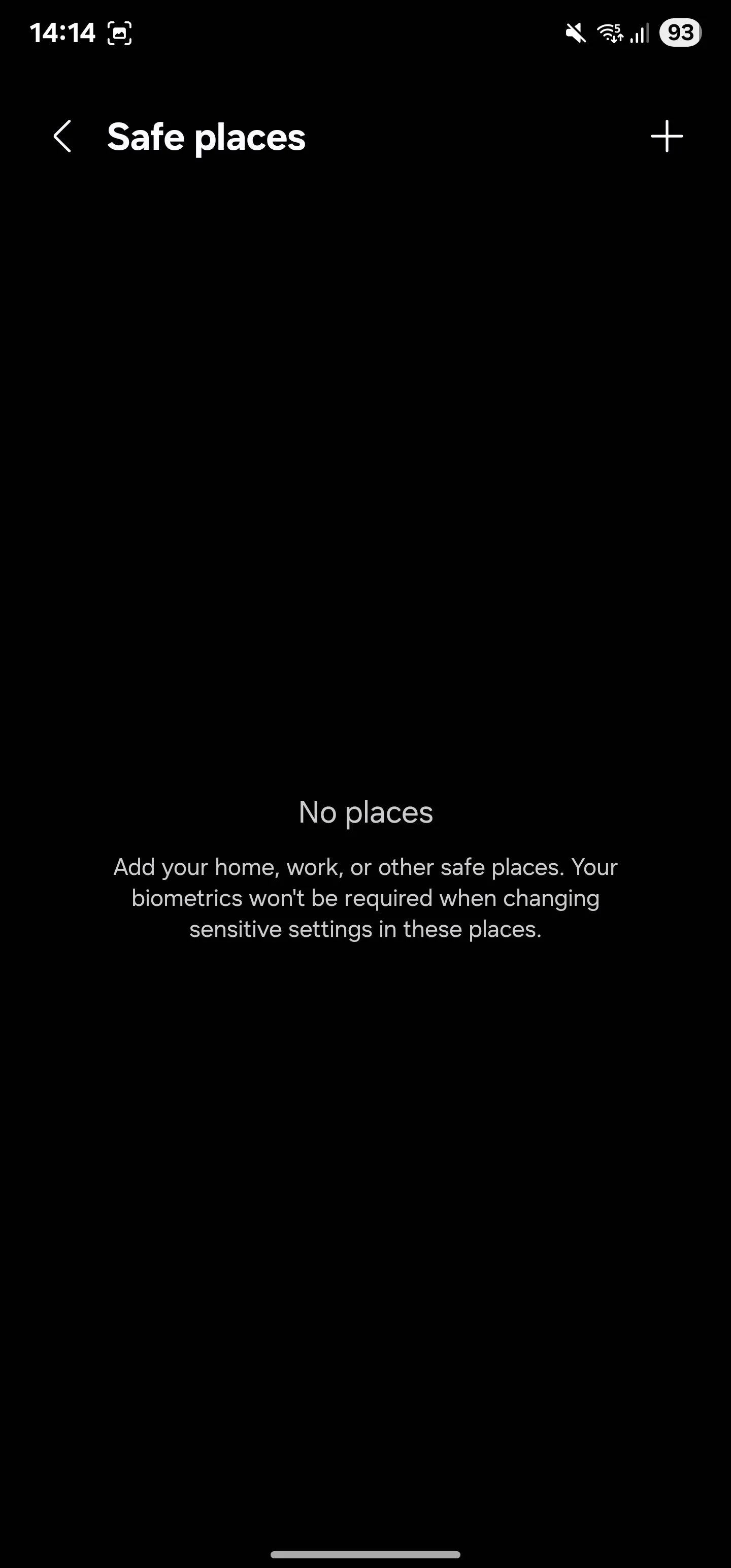 Trang Địa điểm an toàn (Safe places) trong cài đặt Kiểm tra danh tính, nơi người dùng có thể thêm các vị trí đáng tin cậy để tối ưu tính năng.