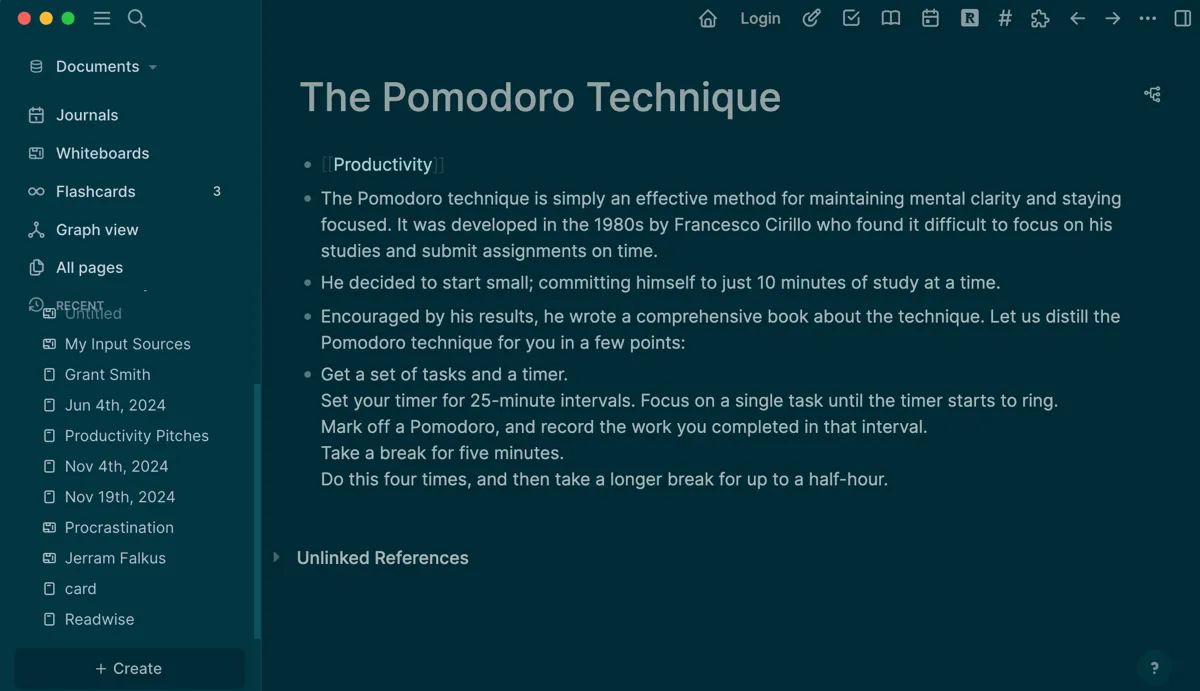 Trang ghi chú về Kỹ thuật Pomodoro trong Logseq, minh họa cách sử dụng liên kết hai chiều để kết nối các ý tưởng và khái niệm.