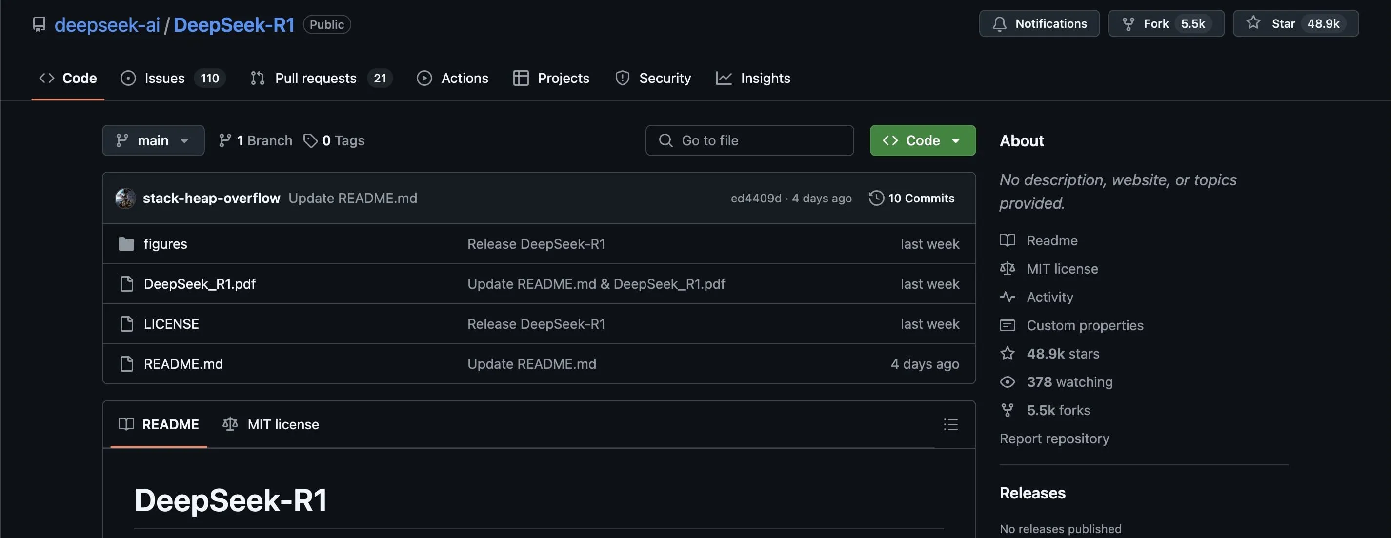 Trang GitHub chính thức của DeepSeek, thể hiện cam kết về khả năng truy cập mã nguồn mở của mô hình AI này.