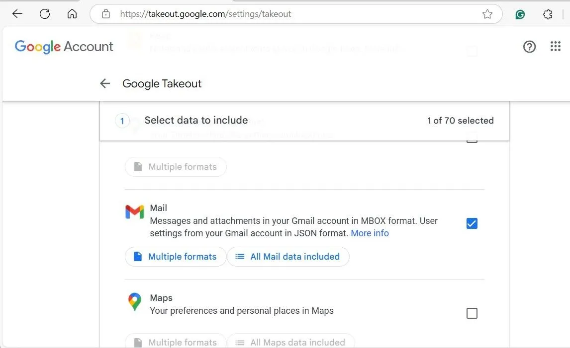 Trang Google Takeout đã chọn tùy chọn Thư để xuất dữ liệu Gmail