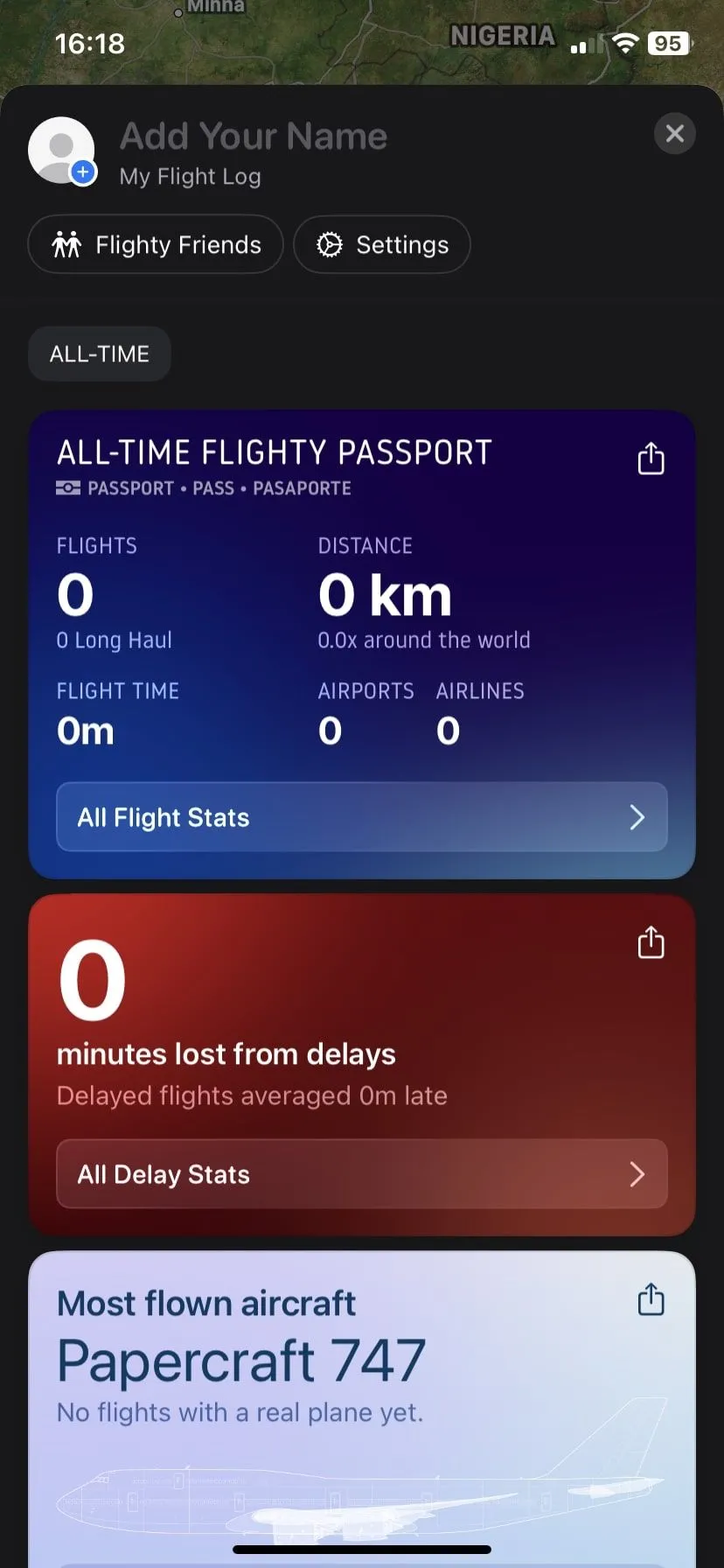 Trang hồ sơ cá nhân trong ứng dụng Flighty, hiển thị thông tin chuyến bay đã đặt