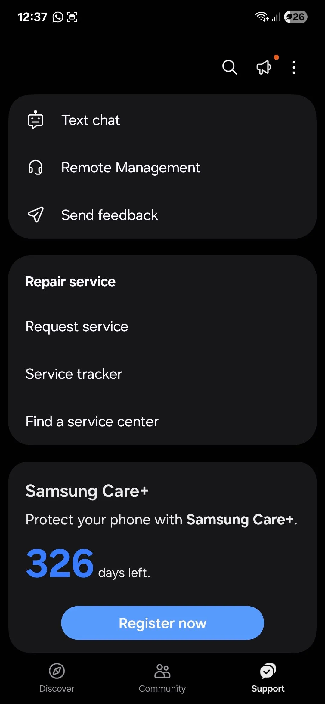 Trang hỗ trợ khách hàng trong ứng dụng Samsung Members, cung cấp các tùy chọn trợ giúp và chẩn đoán thiết bị.